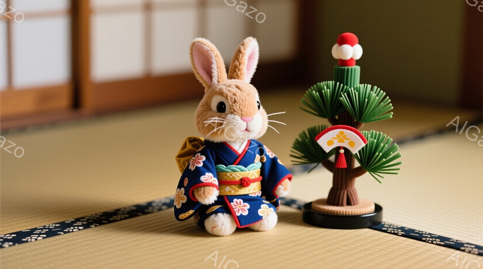 畳の上に、着物を着たウサギのぬいぐるみと、小さな松の盆栽が並んでいます。ウサギは濃い藍色の着物に、金とピンクの桜柄が描かれており、首には赤い紐で結ばれた黄色い飾り紐が付いています。盆栽は、赤い飾りが付いた茶色の幹と、緑豊かな葉が特徴で、全体的に落ち着いた、和の雰囲気を醸し出しています。