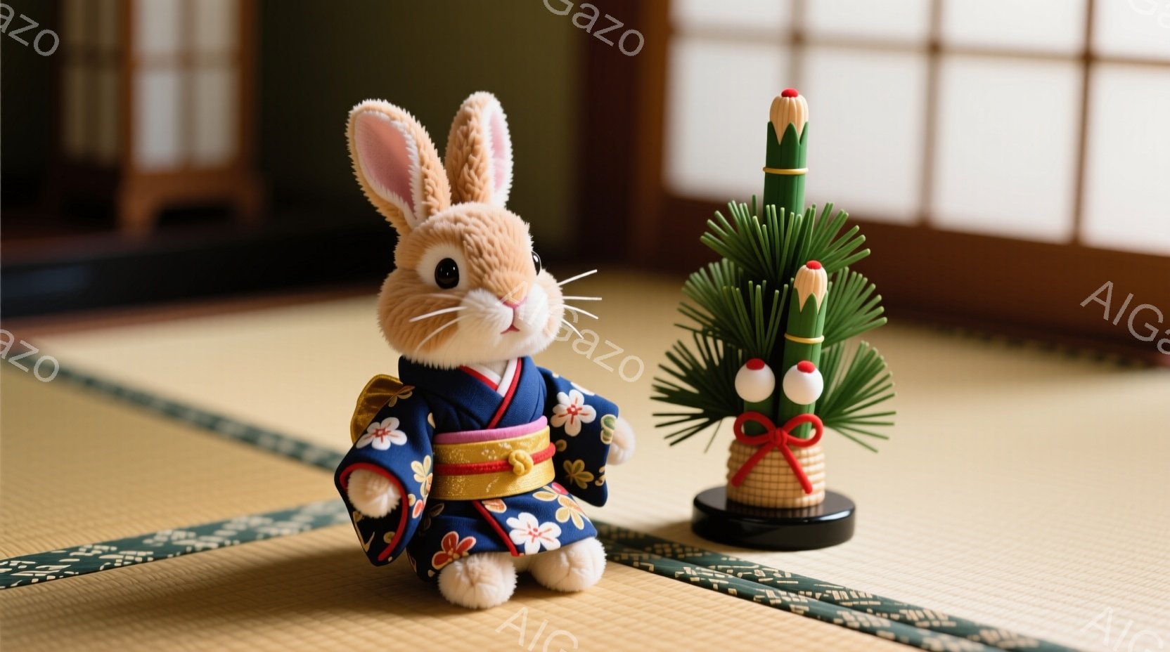 畳の上に、可愛らしいウサギのぬいぐるみが着物を着て座っています。着物は濃い青色で、金色の花柄と縁取りが施され、赤い帯が結ばれています。ウサギの隣には、お正月飾りである松の形をした置物が置かれており、落ち着いた和の雰囲気を感じさせます。