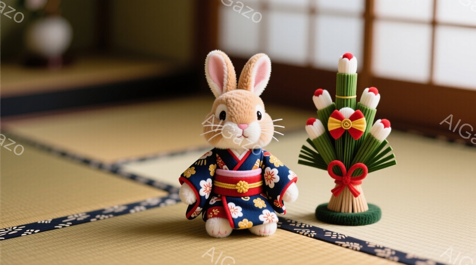 鮮やかな濃紺色の着物を着たうさぎのぬいぐるみと、紅白の細長い飾り物が畳の上に置かれています。うさぎは正面を向き、小さく微笑んでいるように見え、可愛らしい印象を与えます。背景にはぼやけた障子が見え、穏や - AI生成フリー素材