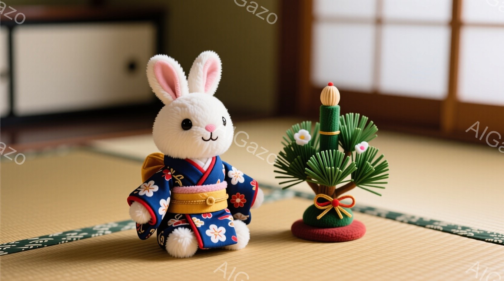 白いウサギのぬいぐるみは、鮮やかな藍色の着物を着ており、赤い菊の花模様がアクセントになっている。 ぬいぐるみは正面を向き、可愛らしい表情を浮かべ、まるで人間のように座っている。 背景には畳の部屋が広が - AI生成フリー素材