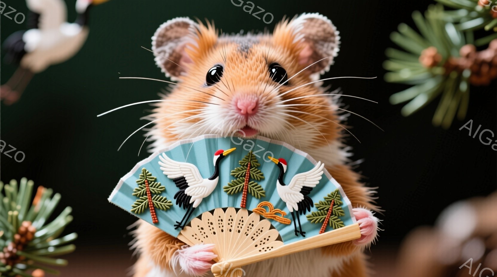 小さなハムスターが、青い背景に鶴と松の絵が描かれた扇子を持って微笑んでいます。その毛並みは暖色系で、つぶらな瞳が印象的です。背景には緑の葉っぱが飾られており、全体的に温かく可愛らしい雰囲気です。