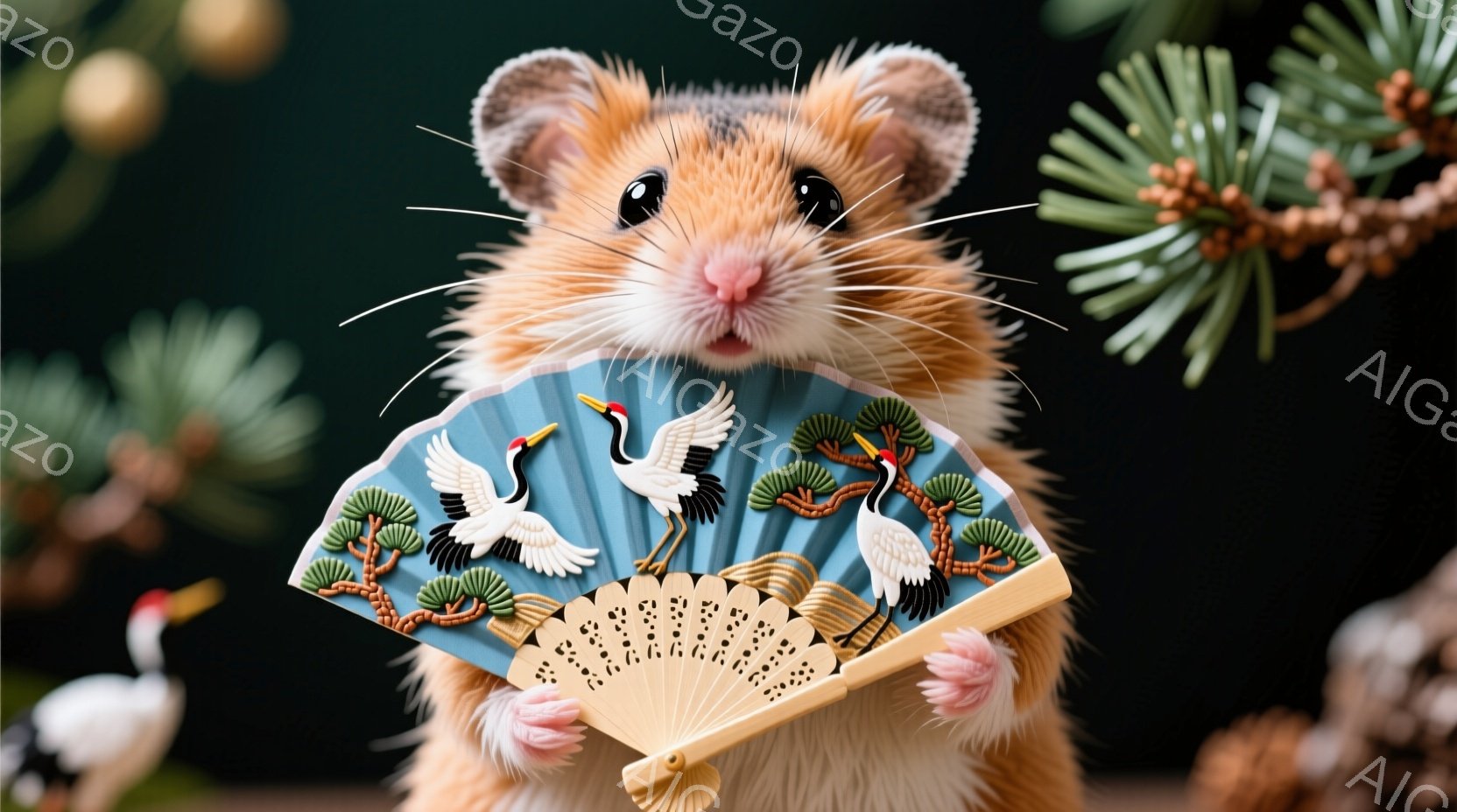 鮮やかなブルーと白の鶴と松の絵柄が描かれた扇子を持つ、可愛らしいハムスターが写っています。ハムスターは少し上目遣いで、興味津々な表情で扇子を見つめており、その毛並みはふっくらとしていて愛らしいです。背景には緑色の植物があり、全体的に暖かく、遊び心のある雰囲気が漂っています。