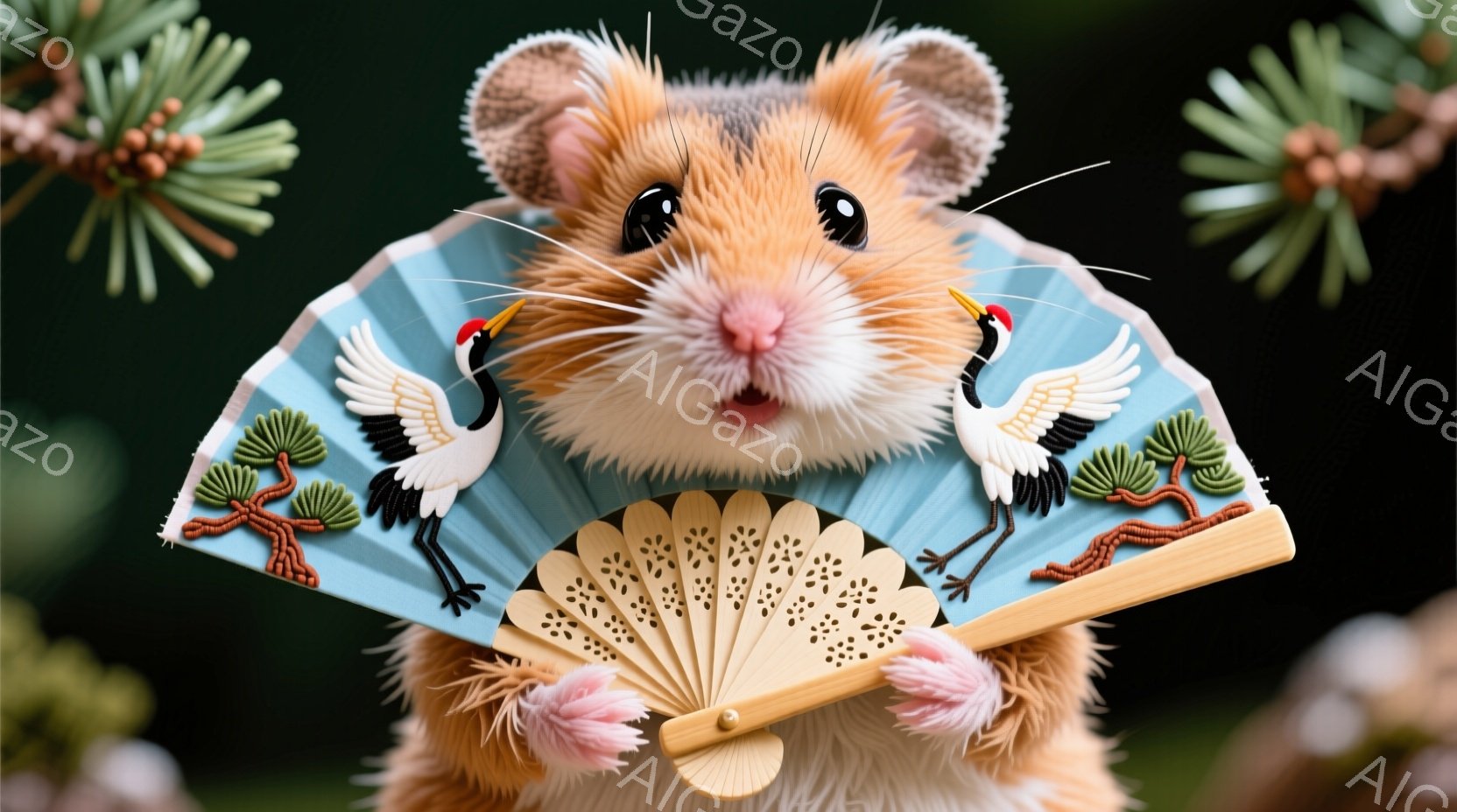 ふわふわの毛並みを持つハムスターが、青地に鶴と松の絵が描かれた扇子を持って微笑んでいます。ハムスターは小さなピンク色の帽子をかぶり、少し上目遣いで可愛らしい表情をしています。背景には緑の植物とぼんやり - AI生成フリー素材