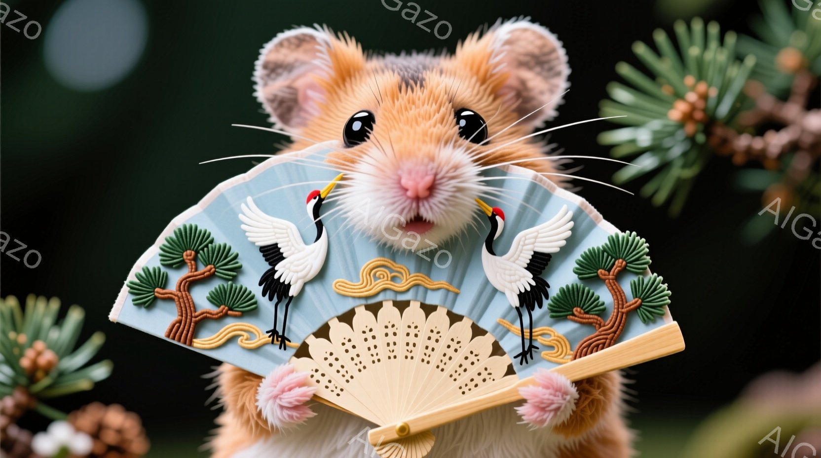 茶色のハムスターが、青地に鶴と松が描かれた扇子を持って微笑んでいます。ハムスターは、ピンク色の小さな飾りをつけたようで、扇子を少し開いて持っており、優しい表情を浮かべています。背景には緑の植物が見え、全体的に穏やかで可愛らしい雰囲気です。
