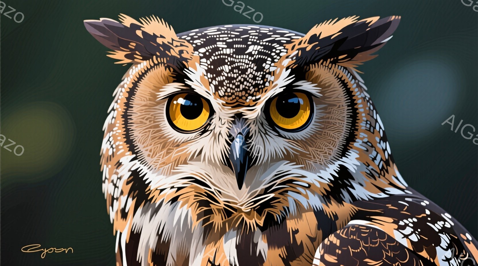 鮮やかな色彩で描かれたフクロウのクローズアップ画像です。黄金色の瞳が印象的で、茶色と黒の複雑な模様が羽全体に広がっています。背景はぼやけた緑色で、フクロウの威厳と神秘的な雰囲気を引き立てています。