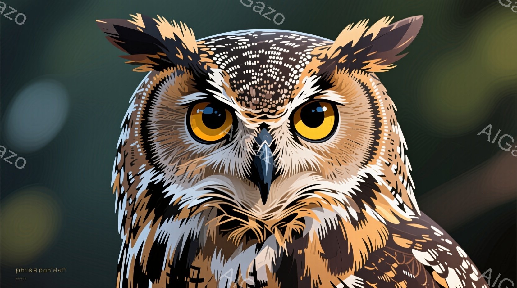 鮮やかな黄色の目を持ち、茶色と白の複雑な模様が特徴的なフクロウの正面からのクローズアップです。フクロウは鋭い嘴を持ち、警戒心と知性を感じさせる表情をしています。背景はぼやけた緑と茶色で、フクロウの目を際立たせています。