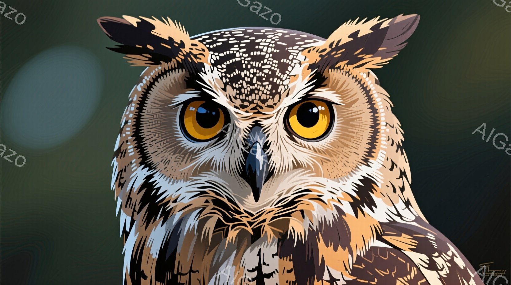 明るい茶色と黒の模様を持つ一匹のフクロウが、正面を見つめています。鋭い視線と力強い嘴が特徴的で、背景は緑がかった暗い色合いで、ぼやけた光が左上にあります。全体的に威厳があり、静寂な雰囲気を醸し出しています。