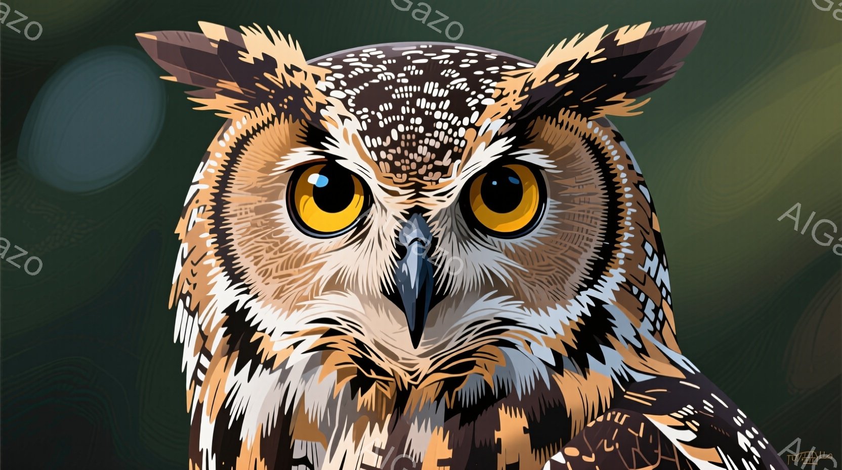 鮮やかな色のフクロウが、正面を見つめています。茶色と白の複雑な模様が羽全体を覆い、鋭い黄色い目が強い印象を与えます。背景は緑色と茶色のグラデーションで、自然の中で静かに佇むフクロウの雰囲気を際立たせています。