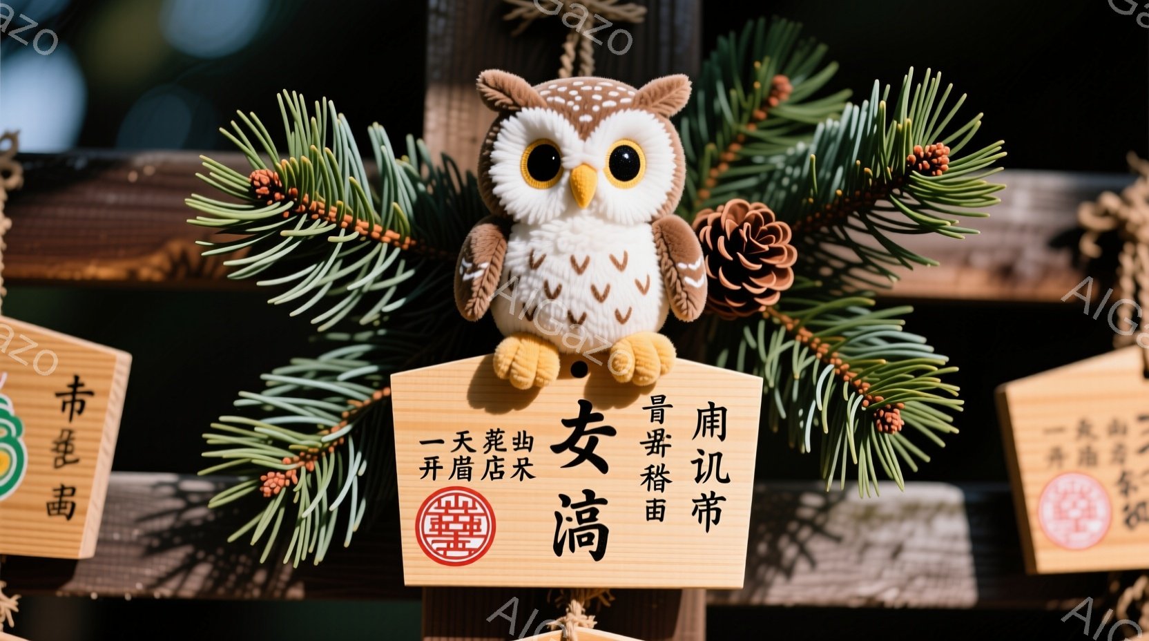 ふわふわの茶色のフクロウのぬいぐるみは、緑色の葉と松ぼっくりで飾られた木製の看板に取り付けられています。看板には赤い印と文字が書かれており、おそらくお守りや縁起物に関連するものです。背景には他の同様の - AI生成フリー素材