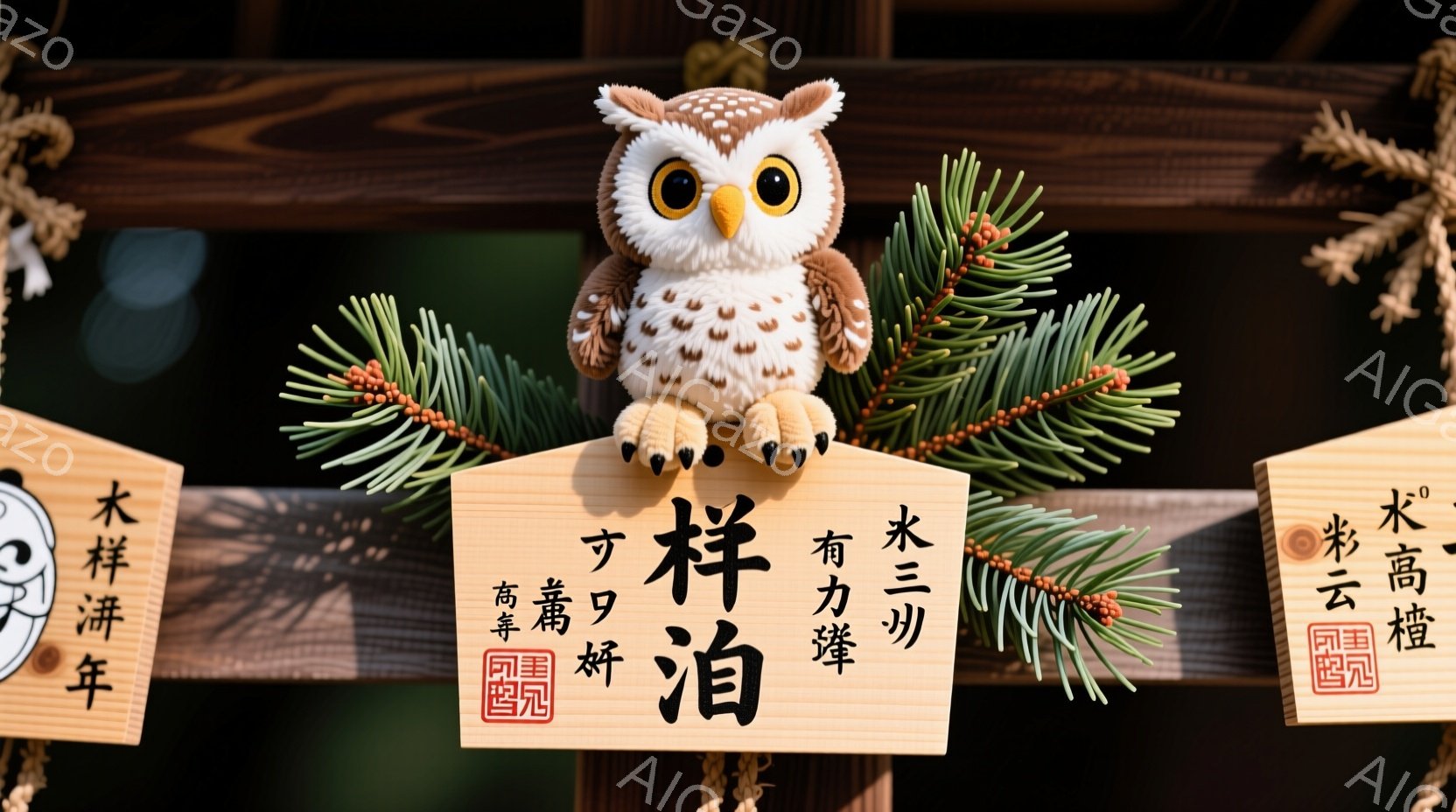 可愛らしいフクロウの置物が、日本の伝統的な飾り付けの一部として配置されています。フクロウは白と茶色のふわふわした羽毛で覆われ、大きな丸い目と小さな足が特徴的です。背景には、松葉や他の伝統的な装飾が添え - AI生成フリー素材