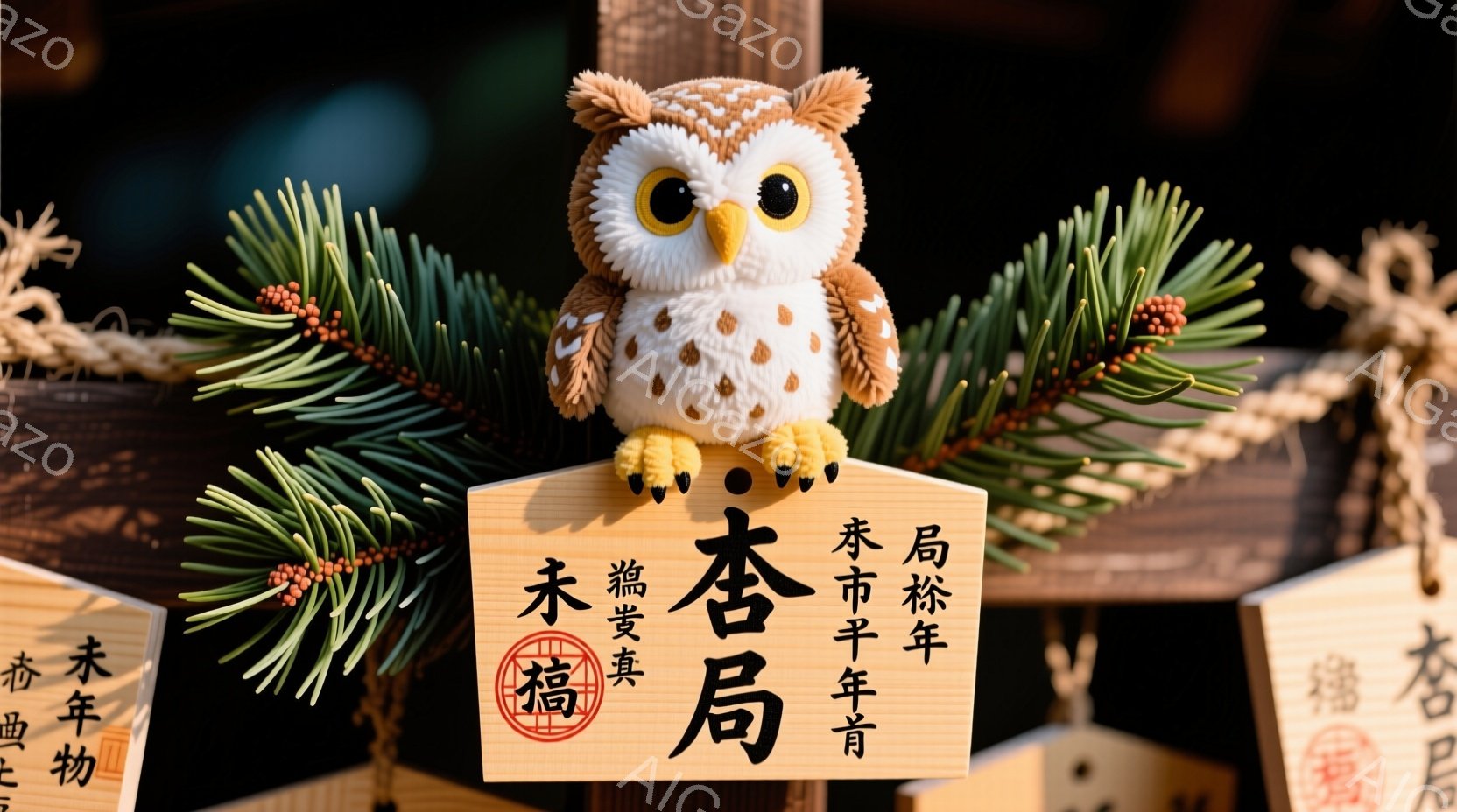 ふわふわの白いフクロウが、赤い文字で「令和」と書かれた木製の看板の上に座っています。フクロウは丸い目で正面を見つめ、可愛らしい表情をしています。背景には、同じ「令和」の看板がいくつか見え、緑の葉と木の枝が飾られています。