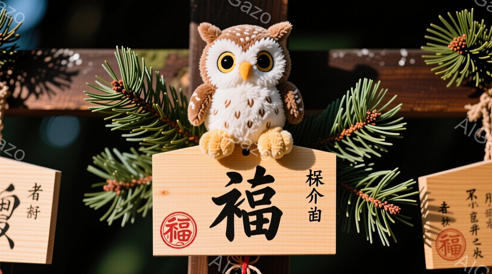 可愛らしいフクロウのぬいぐるみが、木製の看板の上に飾られている様子を捉えています。看板には「福」という漢字が大きく書かれており、その下に「根津神社」と書かれています。背景には緑色の葉っぱが配置され、お - AI生成フリー素材