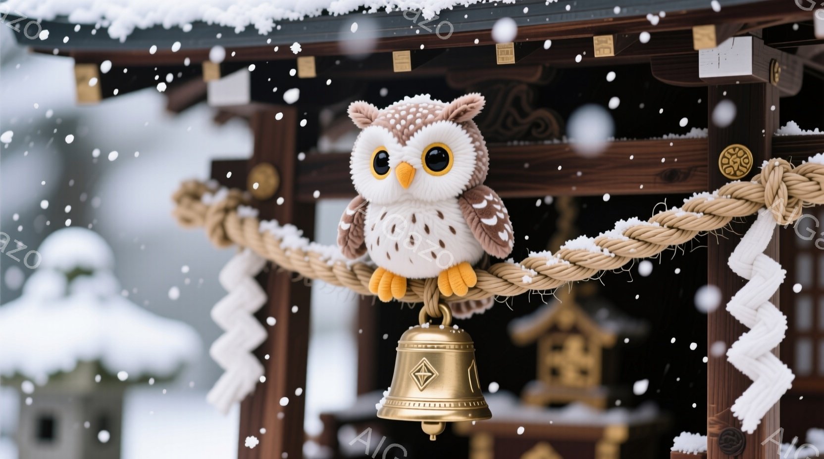 ふわふわのフクロウのぬいぐるみが、神社の注連縄の上に座っています。背景には、雪が降る中、木造の社殿が見え、冬の静寂な雰囲気を醸し出しています。雪片が舞い散る中、暖色系の社殿とフクロウのぬいぐるみとのコントラストが印象的です。