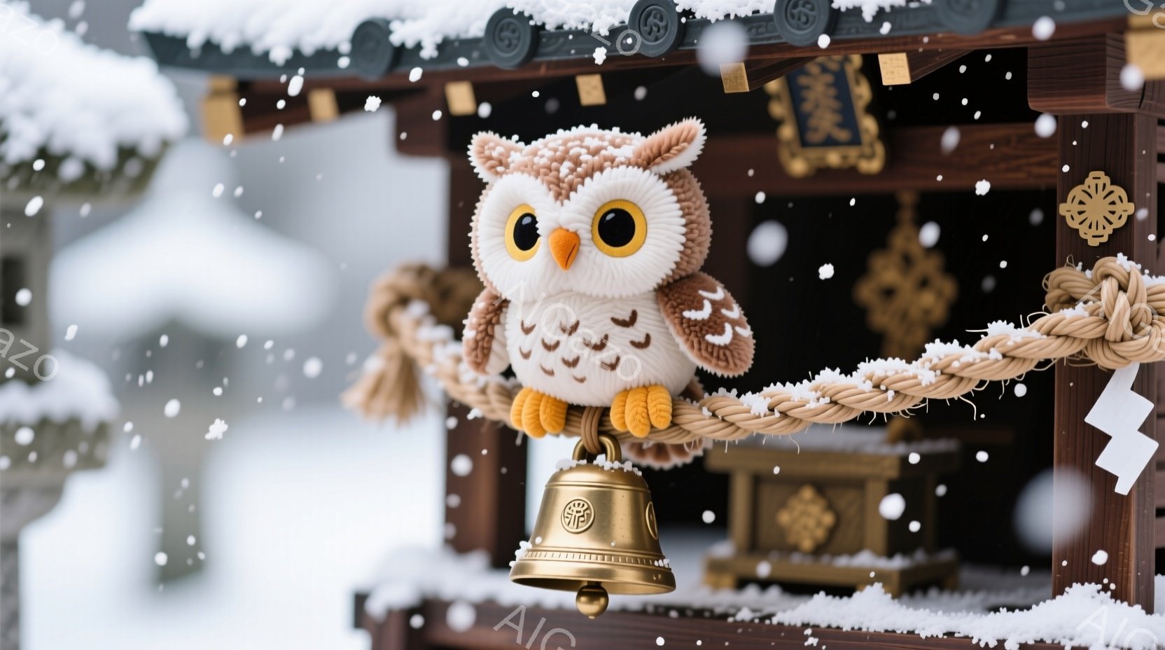 ふわふわとした茶色のフクロウのぬいぐるみが、神社の注連縄に止まっています。雪が降り積もり、背景には木造の神社の建物が見え、厳かな冬の雰囲気が漂っています。フクロウは丸い目でこちらを見つめ、可愛らしい表情をしています。