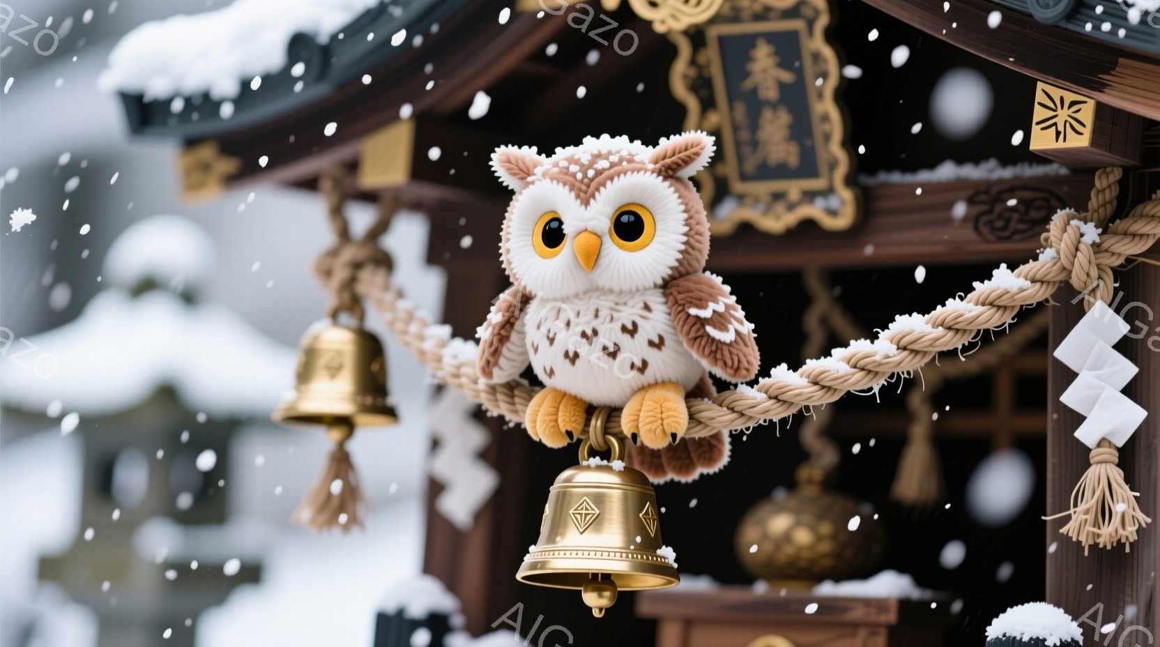 ふわふわの茶色のフクロウのぬいぐるみが、神社の注連縄にちょこんと座っています。背景には木造の社殿が見え、雪が舞う冬の風景が広がっています。全体的に暖かく可愛らしい雰囲気で、静かで穏やかな冬の神社を表現しています。