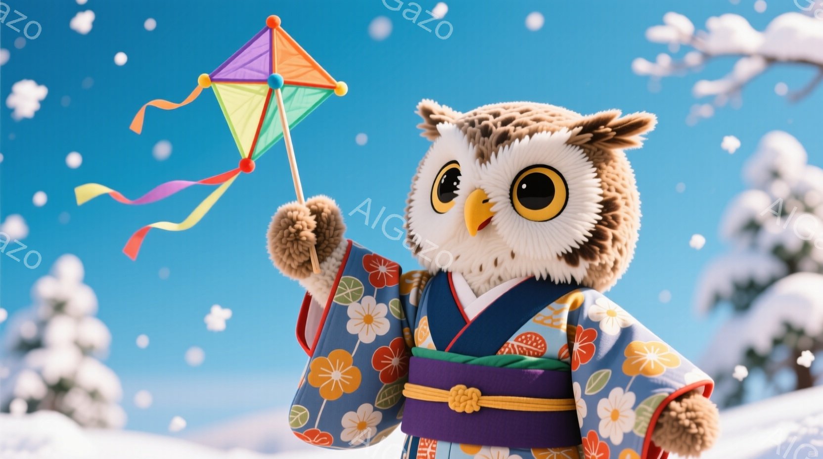 ふわふわの茶色のフクロウが、花柄の藍色の着物を着て、片手にカラフルな凧を持っています。凧は赤、黄、青、緑の三角形で、青い、黄色い、ピンクのリボンが付いています。背景は雪景色で、遠くに雪を抱いた山々が見 - AI生成フリー素材