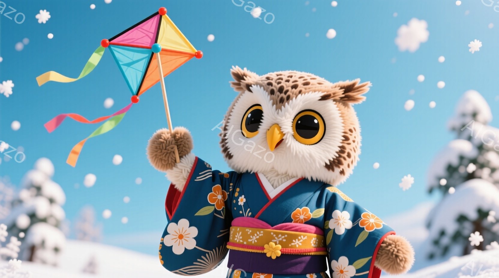 ふわふわのフクロウが、濃い青色の着物姿で凧揚げを楽しんでいます。着物には、可愛らしい花柄が描かれており、袖口には白い毛玉のような装飾が施されています。背景は雪景色で、遠くには雪を抱いた木々が見え、全体的に暖かく、優しい雰囲気です。