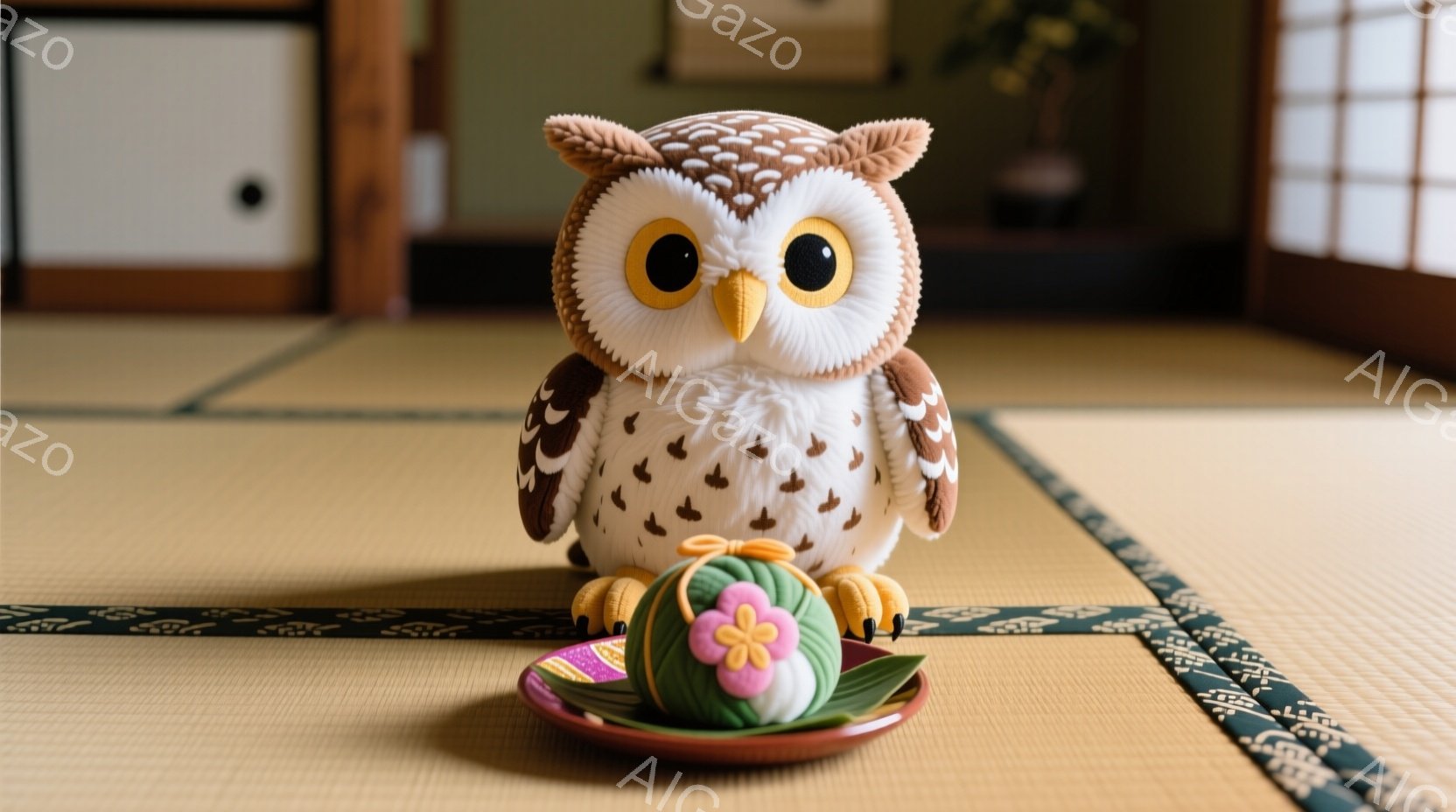 畳の上に、フクロウのぬいぐるみと小さなお団子が置かれたお盆が並んでいる。フクロウは茶色と白の毛並みで、大きな目と可愛らしい表情をしている。背景には障子と緑色の壁が見え、落ち着いた和の雰囲気が漂っている。