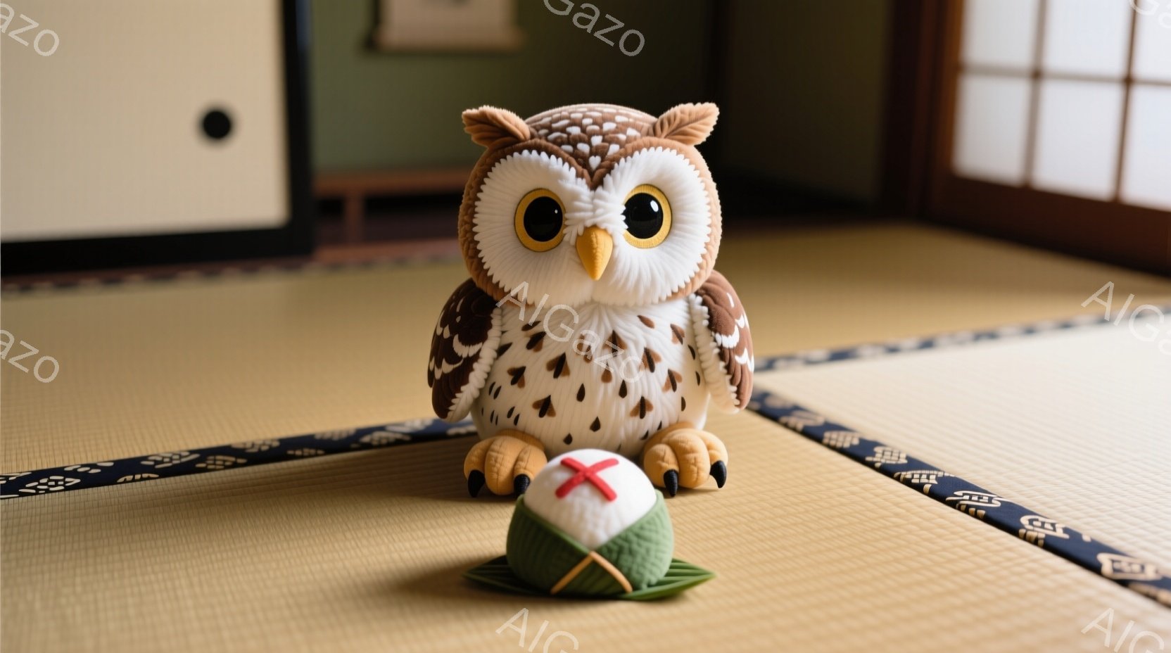畳の上にフクロウのぬいぐるみと、お団子のようなものが置かれています。フクロウは茶色と白の羽毛で覆われ、大きな黄色い目が特徴的です。背景には障子窓が見え、落ち着いた和の雰囲気です。