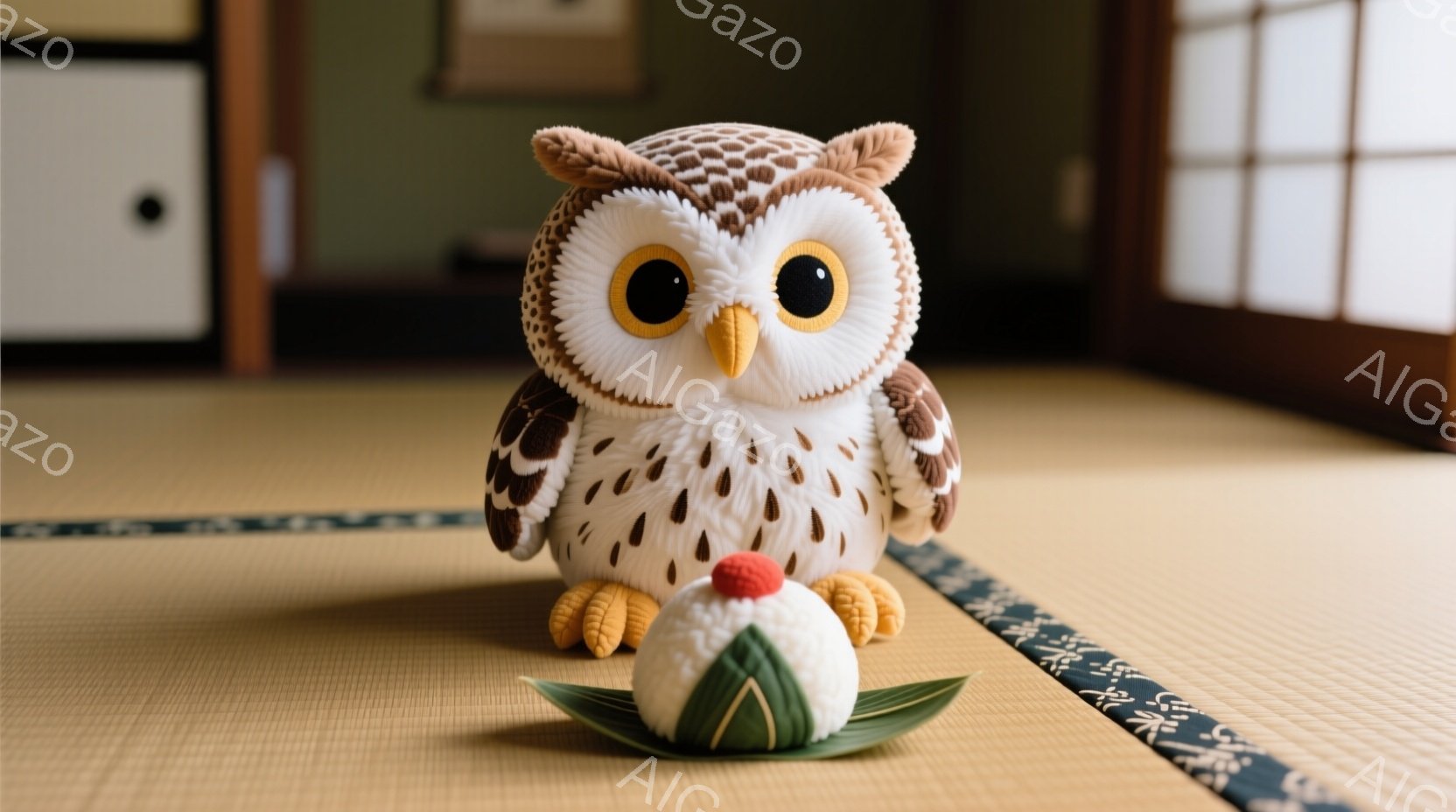 畳の上にフクロウのぬいぐるみと、小さなおにぎりが置かれています。フクロウは丸い体と大きな目をしており、穏やかな表情をしています。背景には障子があり、落ち着いた和の雰囲気が漂っています。 - AI生成フリー素材