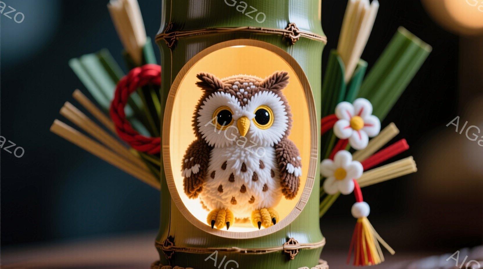 温かい光に照らされた、可愛らしいフクロウが竹筒の中で微笑んでいます。フクロウは茶色と白のふわふわした羽毛で覆われ、大きな丸い目は好奇心と優しさを表しています。背景には、カラフルな紙で作られた装飾が添えられ、明るくお祝いの雰囲気を醸し出しています。