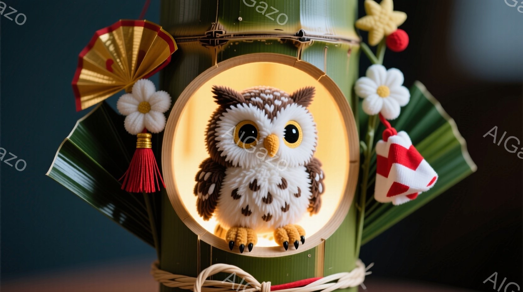 鮮やかな緑色の竹に、かわいらしいフクロウのぬいぐるみや装飾が取り付けられています。フクロウは茶色と白の毛並みで、大きな目を輝かせ、少し微笑んでいるように見えます。背景には、金色の扇子や白い花、赤い飾りなどが配置され、お祝いや縁起の良い雰囲気を醸し出しています。