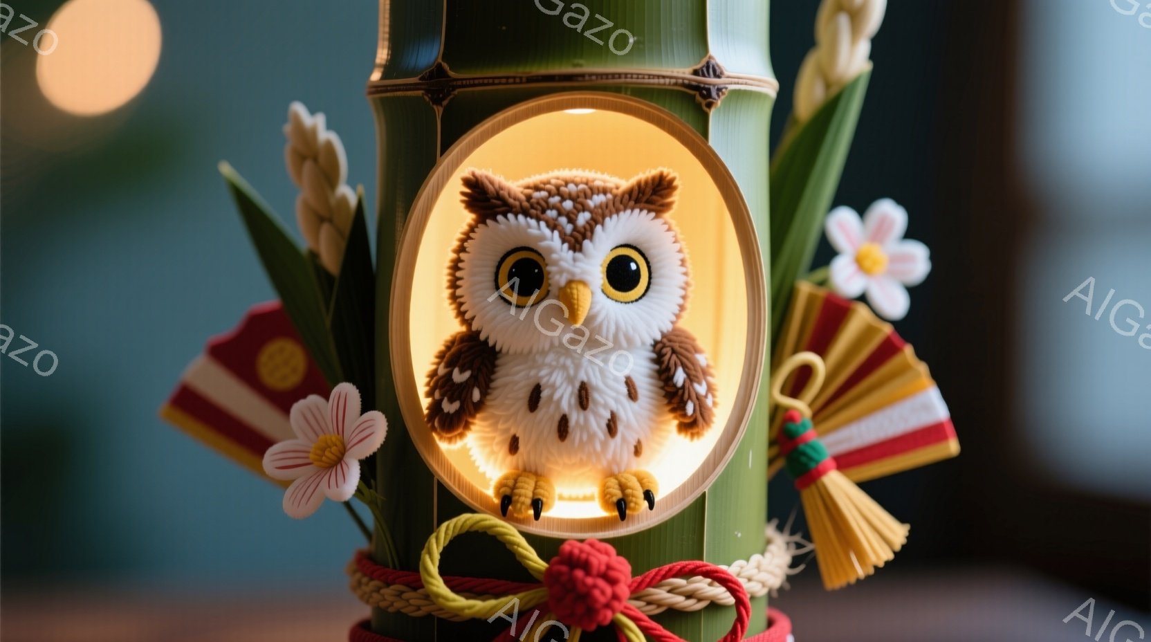 暖色の背景に、竹筒に飾られたフクロウの置物が映っています。フクロウはふわふわとした茶色の毛並みで、大きな丸い目が印象的です。竹筒の周りには、赤い飾り紐、黄色の房、白い花が添えられ、全体的に温かく、お祝いの雰囲気が漂っています。