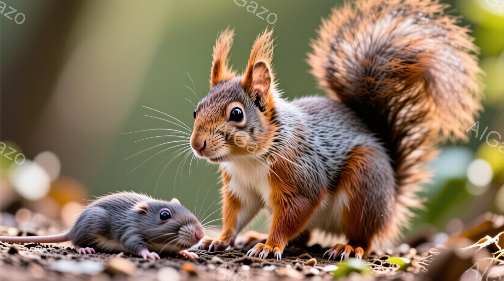 リスとネズミが地面に並んで写っています。リスは明るい赤茶色の毛並みで、ふさふさとした尻尾を高く上げて警戒しているように見えます。背景はぼやけた緑と茶色の自然で、柔らかい光が差し込み、穏やかで親密な雰囲気を醸し出しています。