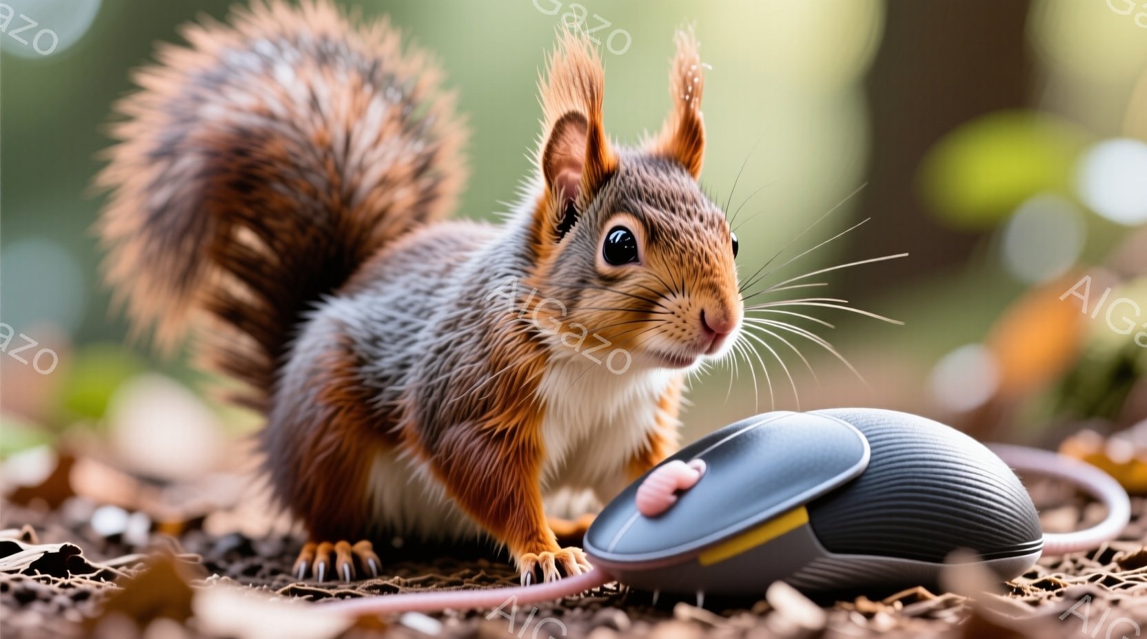 赤褐色の毛並みのリスが、灰色のコンピューターマウスの前に座っている。リスは前足を伸ばし、好奇心とわずかな警戒心を込めた表情でマウスを見つめている。背景は落ち葉に覆われた地面で、ぼやけた緑色の自然が広がり、秋の穏やかな雰囲気が漂っている。