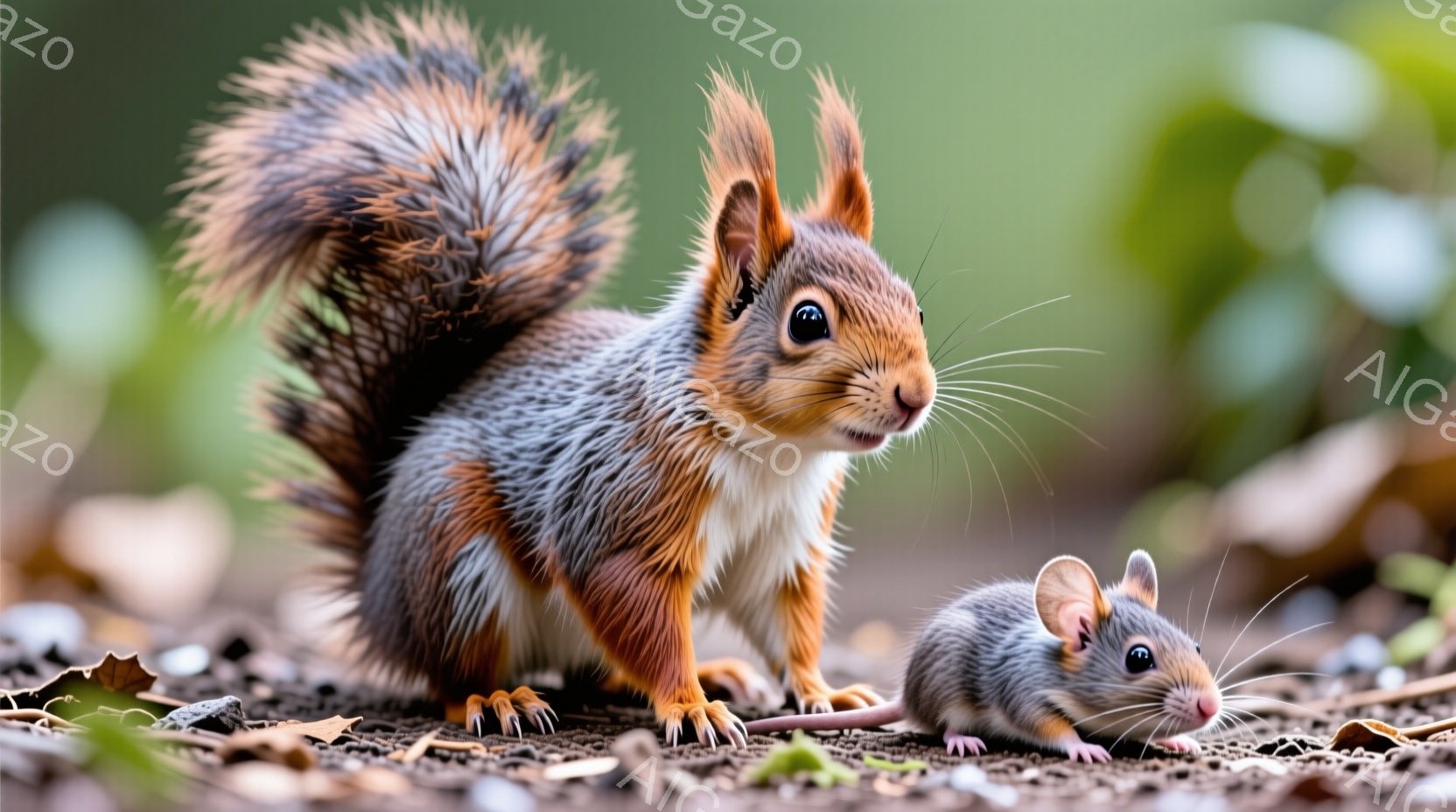 赤褐色の毛並みを持つリスが、地面にしゃがみ、正面を見据えています。ふさふさとした尾は大きく広がり、生き生きとした表情で、小さなネズミが近くに寄り添っています。背景は自然の地面で、落ち葉や土が確認でき、穏やかで温かい雰囲気が漂っています。