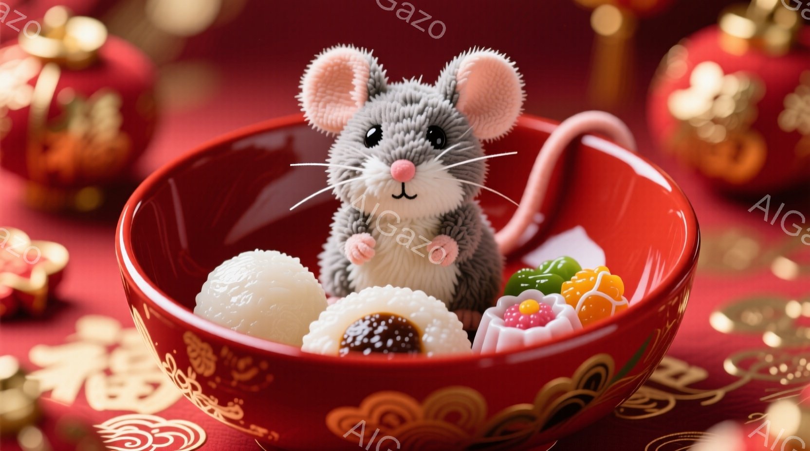 赤いお椀の中に、ふわふわの灰色のネズミの人形が座っており、周囲には白玉や練り菓子などの和菓子が並べられています。ネズミは可愛らしい表情で、ピンク色の長い尻尾が特徴的です。背景には金色の装飾と赤い模様があり、お正月らしい華やかで温かい雰囲気を醸し出しています。