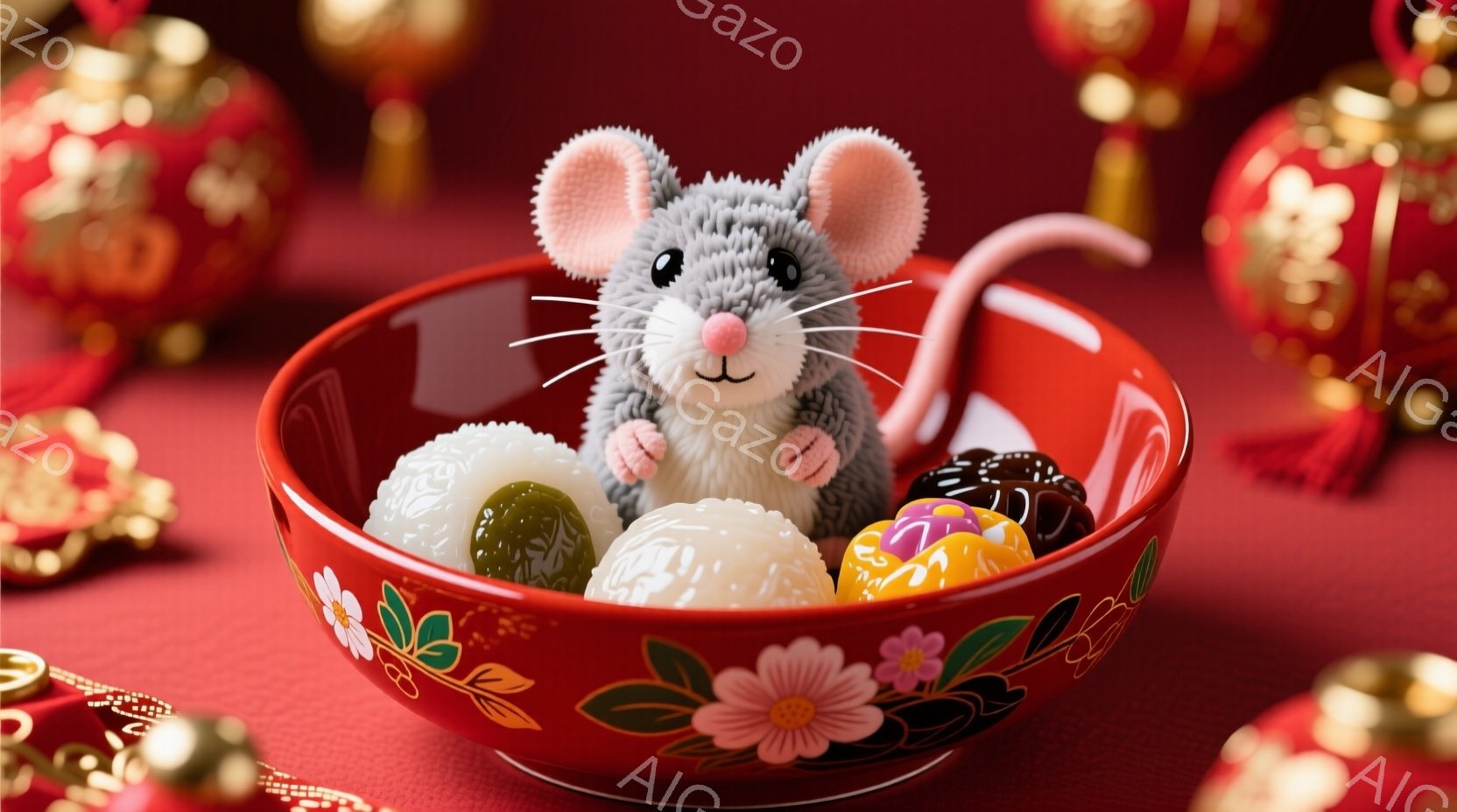 赤い模様入りの器の中に、ふわふわのグレーのネズミのぬいぐるみが入っています。器の中には、白玉のような丸いお団子もいくつか入っており、ネズミのぬいぐるみは丸いお団子の間から顔を出しています。背景には赤い飾りや金色の飾りがあり、お祝いの雰囲気が漂っています。