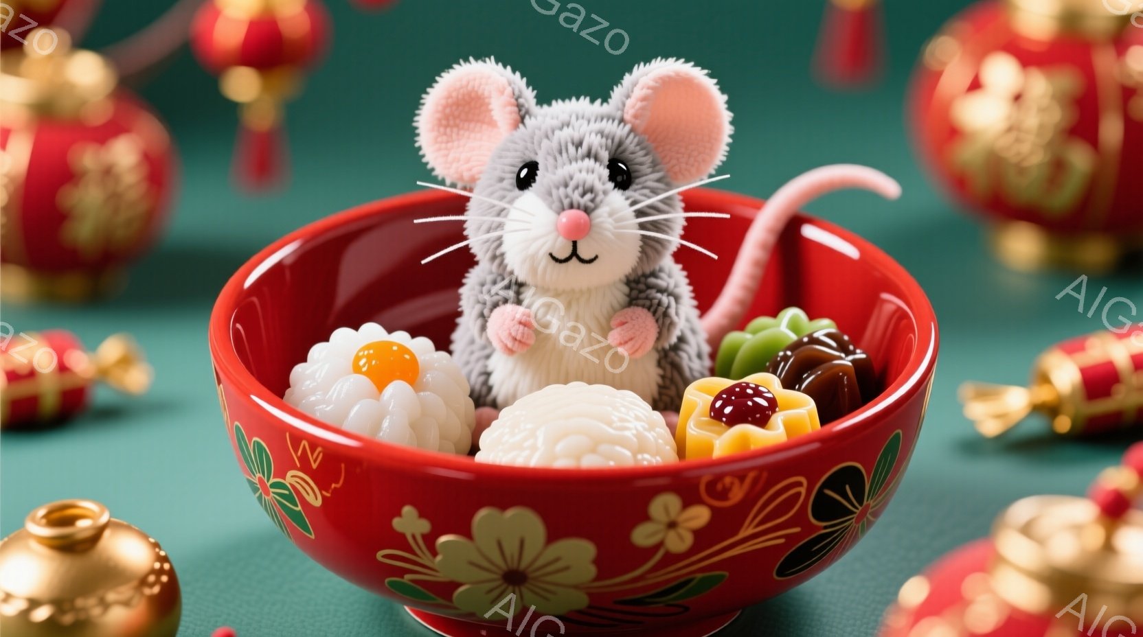 赤いお椀の中に、ふわふわの白い鼠が座っています。鼠はピンク色の小さな着物を着ており、お椀の中には様々な和菓子が並んでいます。背景は緑色で、金色の装飾がぼんやりと見え、全体的に可愛らしく、お祝いの雰囲気です。