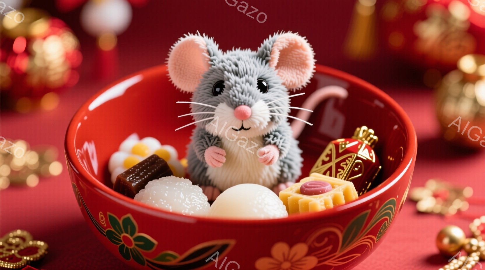 赤い縁取りのあるお皿の中に、ふわふわの灰色のネズミのぬいぐるみが入っています。お皿の中には、白くて丸いお菓子や、茶色や赤色の伝統的な和菓子もいくつか入っており、ネズミのぬいぐるみは少し顔を出してこちらを見ています。背景には赤い装飾や金色の飾りがあり、全体的に華やかで可愛らしい雰囲気です。