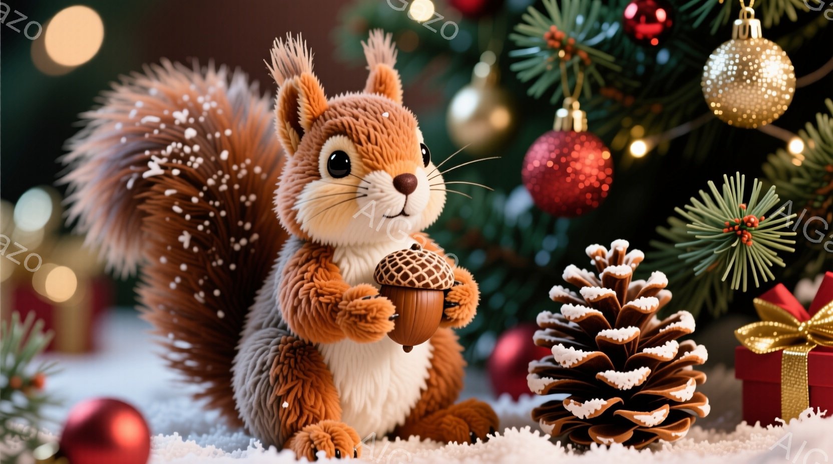 ふわふわの茶色のリスが、片手にどんぐりを抱えています。背景には、クリスマスツリーの飾りや松ぼっくり、赤いプレゼントボックスが散りばめられ、雪が舞う冬の景色が広がっています。暖かく可愛らしい雰囲気で、クリスマスの季節を感じさせます。