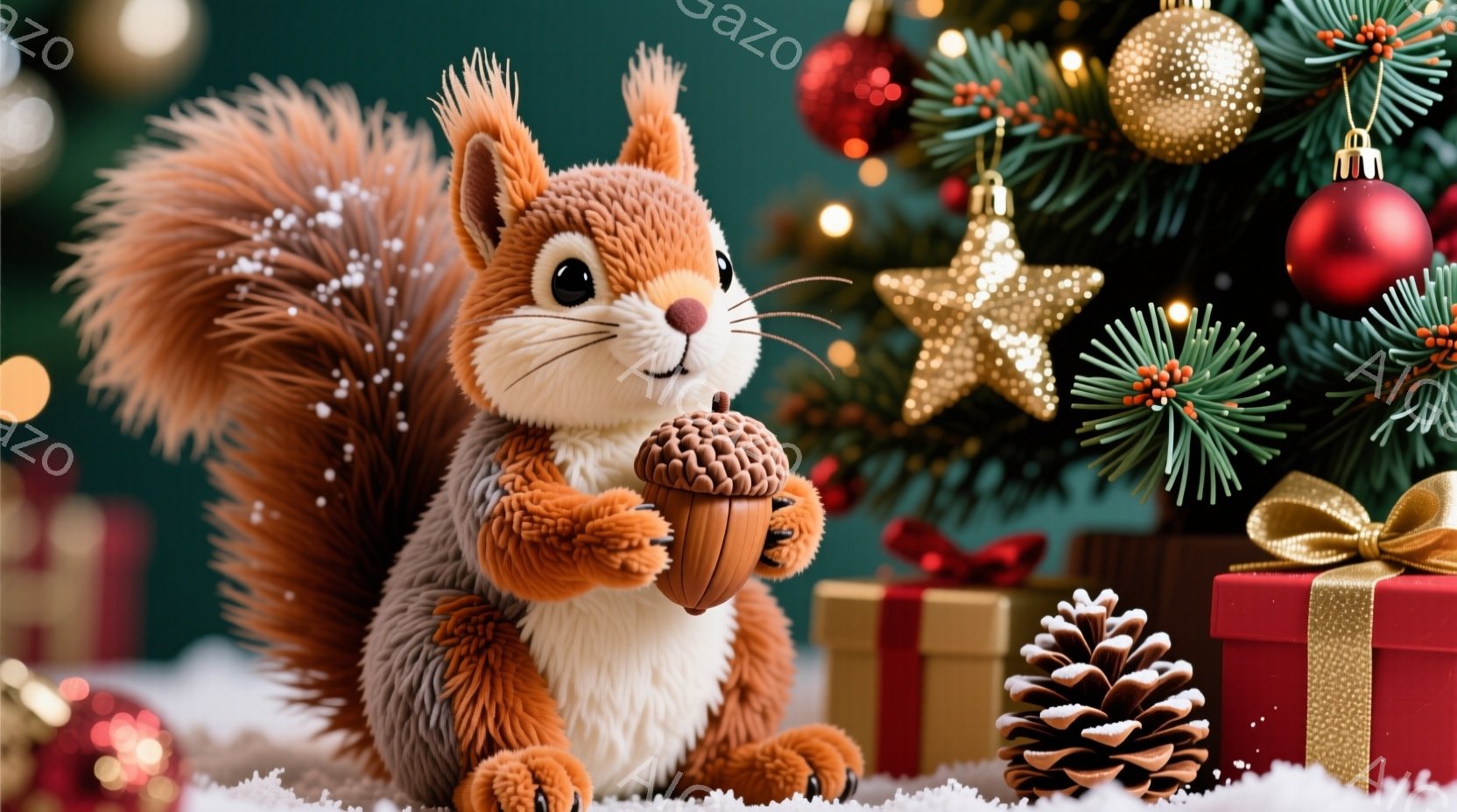 ふわふわの茶色のリスが、前足でドングリを抱えています。背景にはクリスマスツリーの飾りやプレゼントボックスが並び、雪が舞う冬の暖かい雰囲気が漂っています。リスは丸い目と愛らしい表情で、喜びと幸福を感じさ - AI生成フリー素材