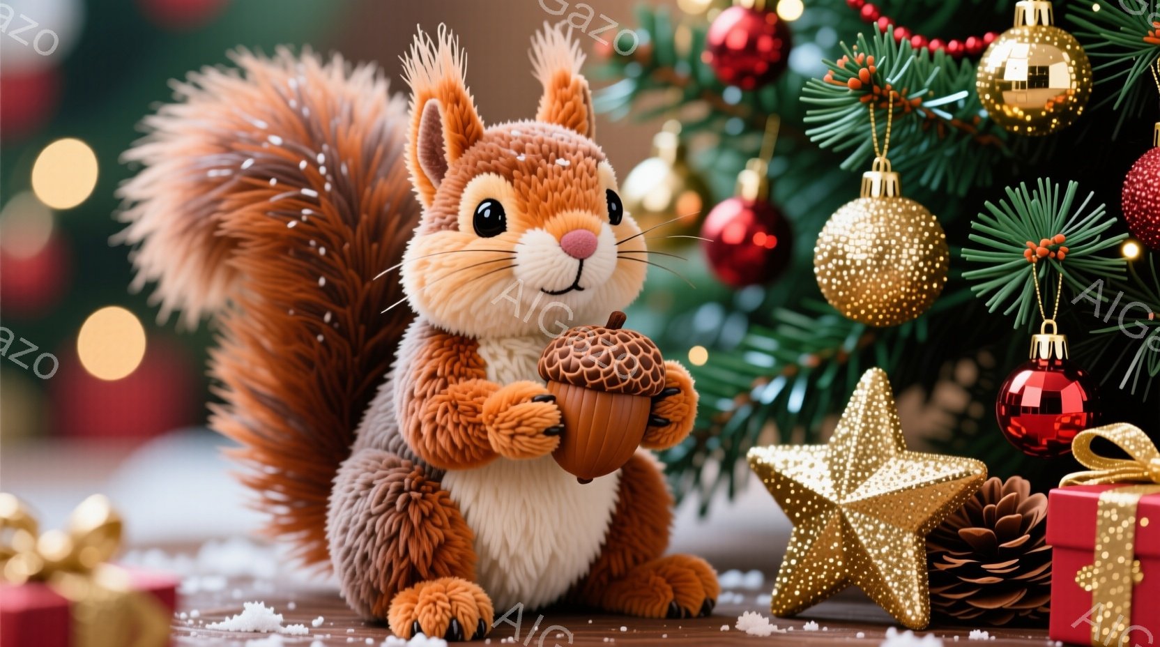 暖かくふわふわのリスが、木製のテーブルの上に立っており、手にドングリを持っています。背景には緑豊かなクリスマスツリー、キラキラ光る星、そしてプレゼントの箱が見え、雪が舞う冬の祝祭の雰囲気が漂っています。リスは大きな目を輝かせ、可愛らしい表情を浮かべており、全体的に温かく、お祝いのムードが感じられます。