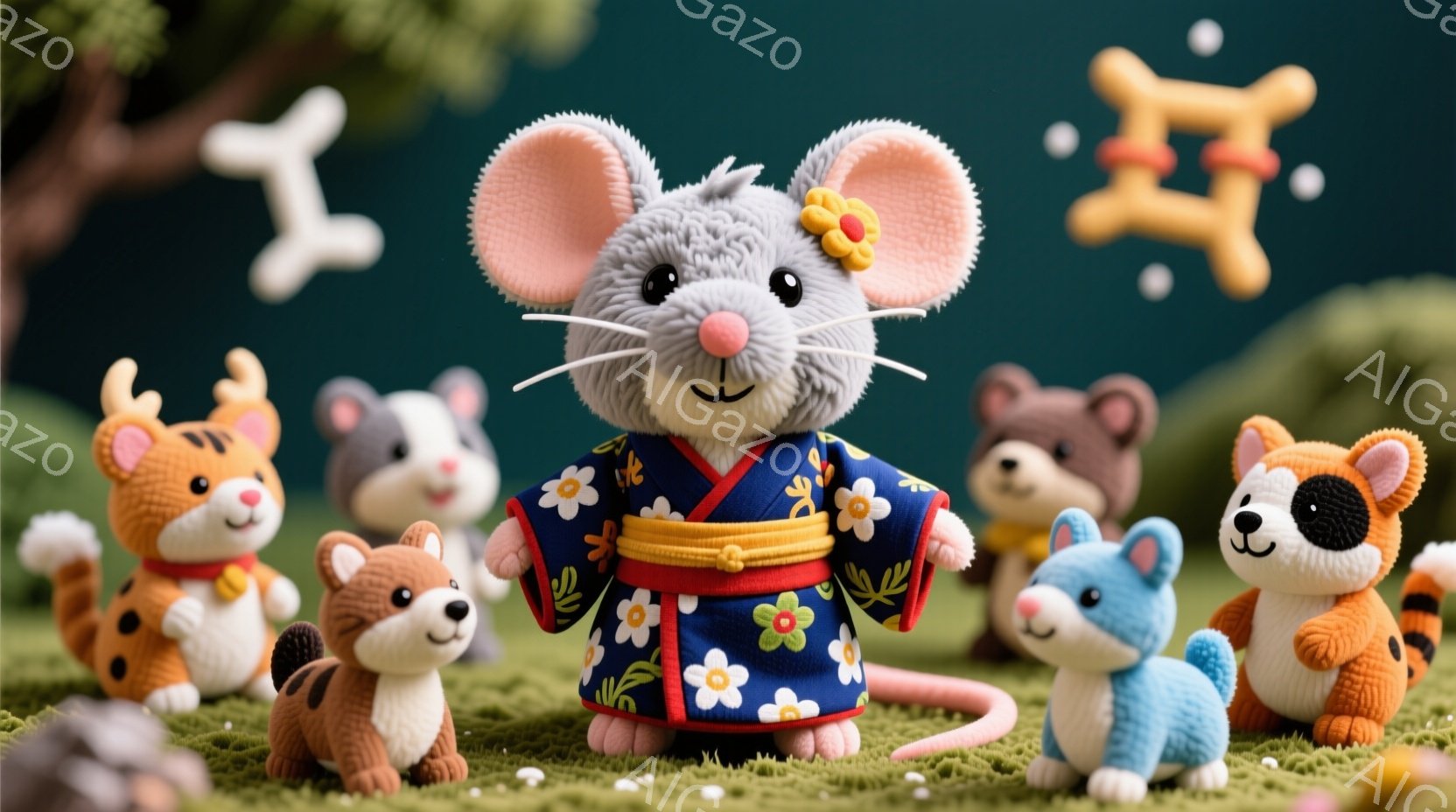 可愛らしい動物たちが緑の草原に集まっています。中央には、青い花柄の着物を着たネズミがおり、穏やかな笑顔を浮かべています。背景には木々があり、空には犬の形をしたクッキーが浮かんでおり、全体的に暖かく、お祝いのような雰囲気です。