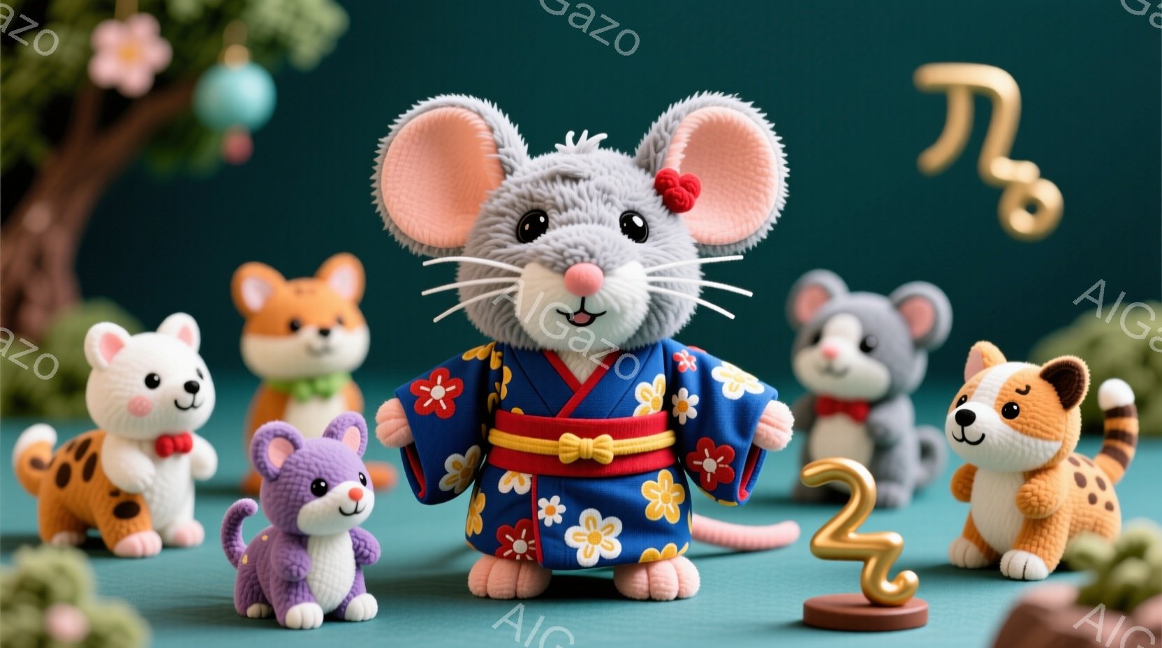 鮮やかなターコイズブルーの背景に、様々な動物たちの置物が並んでいます。中央には、藍色の花柄の着物を着たネズミがおり、可愛らしい表情で正面を見つめています。背景には、ピンクの花が咲き誇る木々と、金色で書かれた漢字のような装飾が施されており、お祝いの雰囲気を醸し出しています。