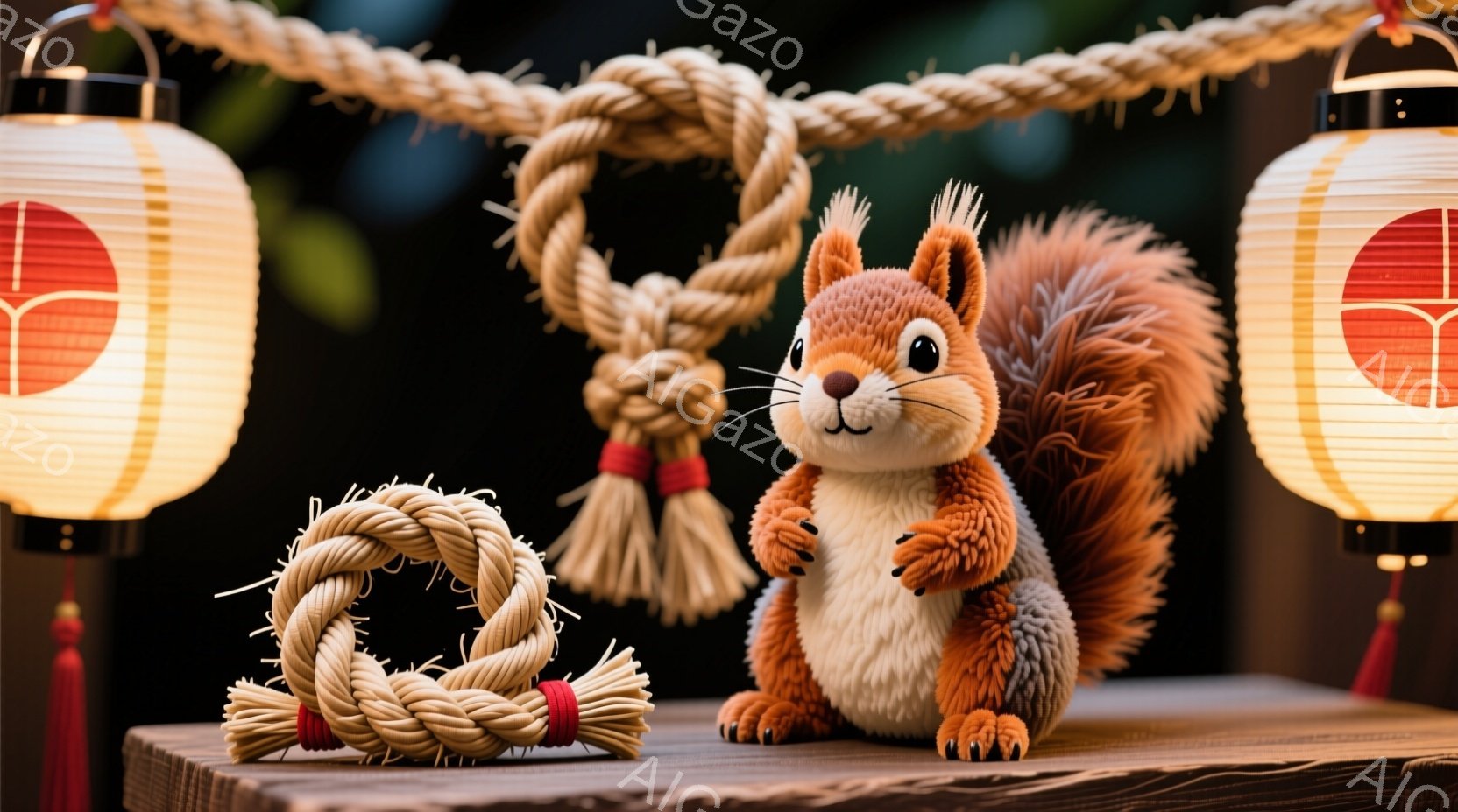 籠の中に座っている茶色のカワウソのぬいぐるみです。周りには様々な種類の寿司が盛り付けられたお皿が並んでいます。背景には黒い膳が見え、寿司とぬいぐるみの組み合わせが、和やかな食卓の雰囲気を演出しています。