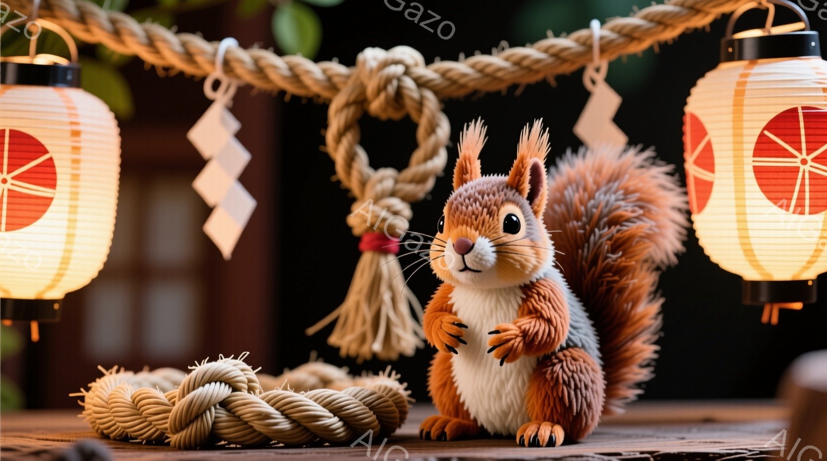 木目調の台の上にリスが立っており、可愛らしい表情をしています。背景には、日本の伝統的な装飾である注連縄と提灯が配置され、お祭りや神聖な場所を連想させます。全体的に温かみのある照明と柔らかな色使いが、平和で穏やかな雰囲気を醸し出しています。