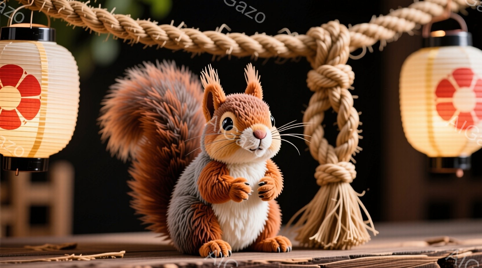 木製の台の上に座る可愛らしいリスが描かれています。リスはオレンジ色の毛並みで、大きな瞳と白いひげが特徴的です。背景には提灯と藁縄が飾られ、お祭りや伝統的な日本の雰囲気が漂っています。 - AI生成フリー素材