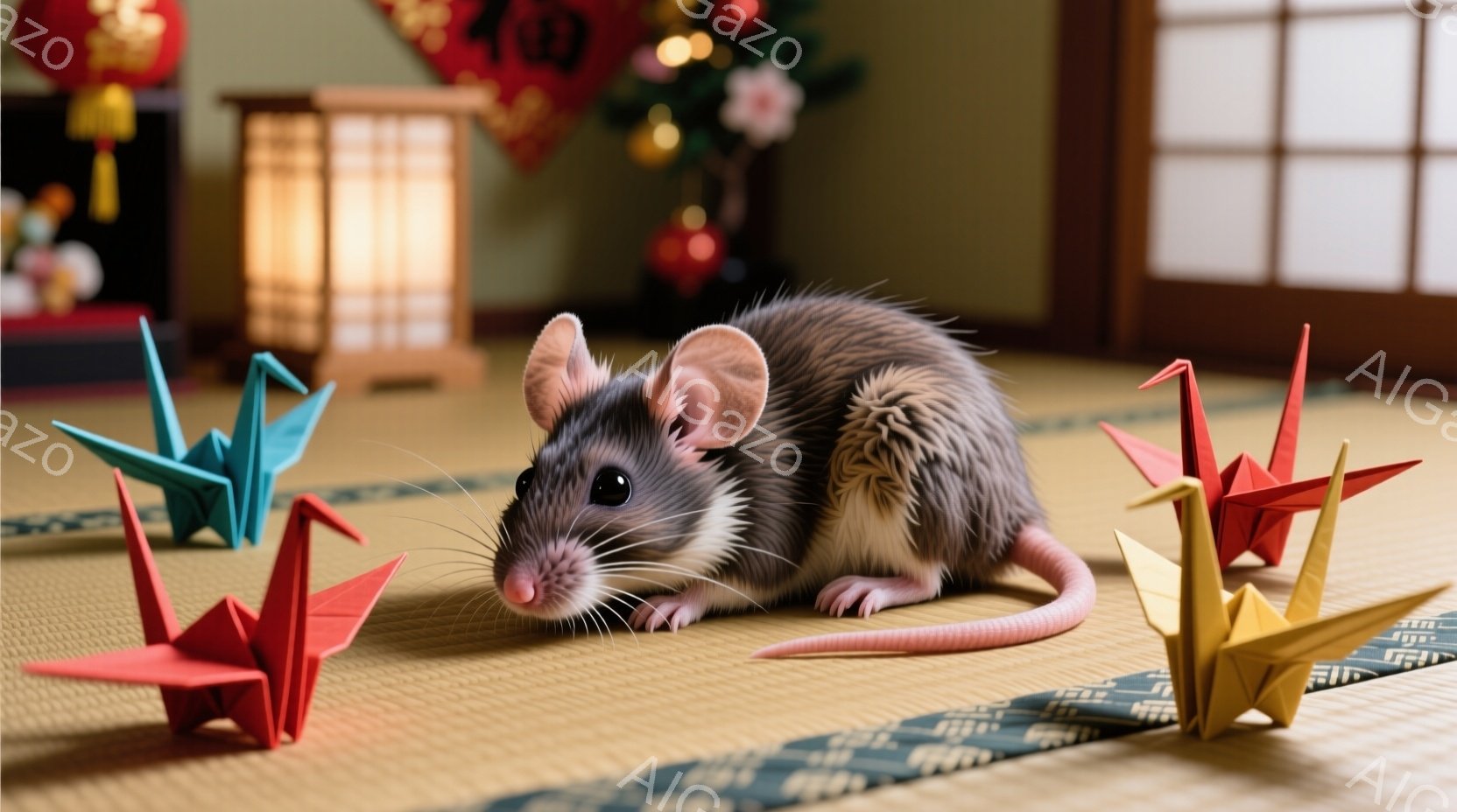 畳の上に、灰色のネズミが折り紙に囲まれて座っています。ネズミはリラックスした姿勢で、ピンク色の尾がはっきりと見え、好奇心旺盛な表情をしています。背景には、日本の伝統的な部屋の一部が見え、暖かく穏やかな - AI生成フリー素材