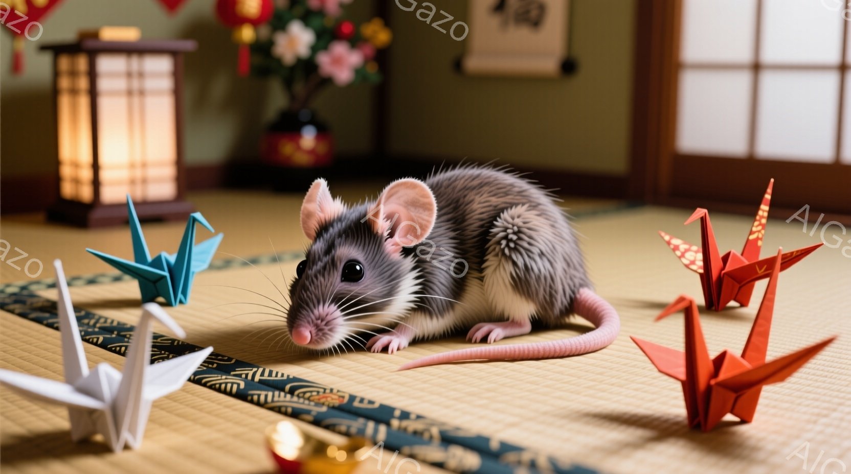 畳の上に、様々な色の折り紙の鶴が置かれ、その中央にグレーと白のネズミがいます。ネズミは鼻を尖らせて何かを嗅いでいるようで、リラックスした姿勢で、周りの折り紙に興味を持っている様子が伺えます。背景には、 - AI生成フリー素材