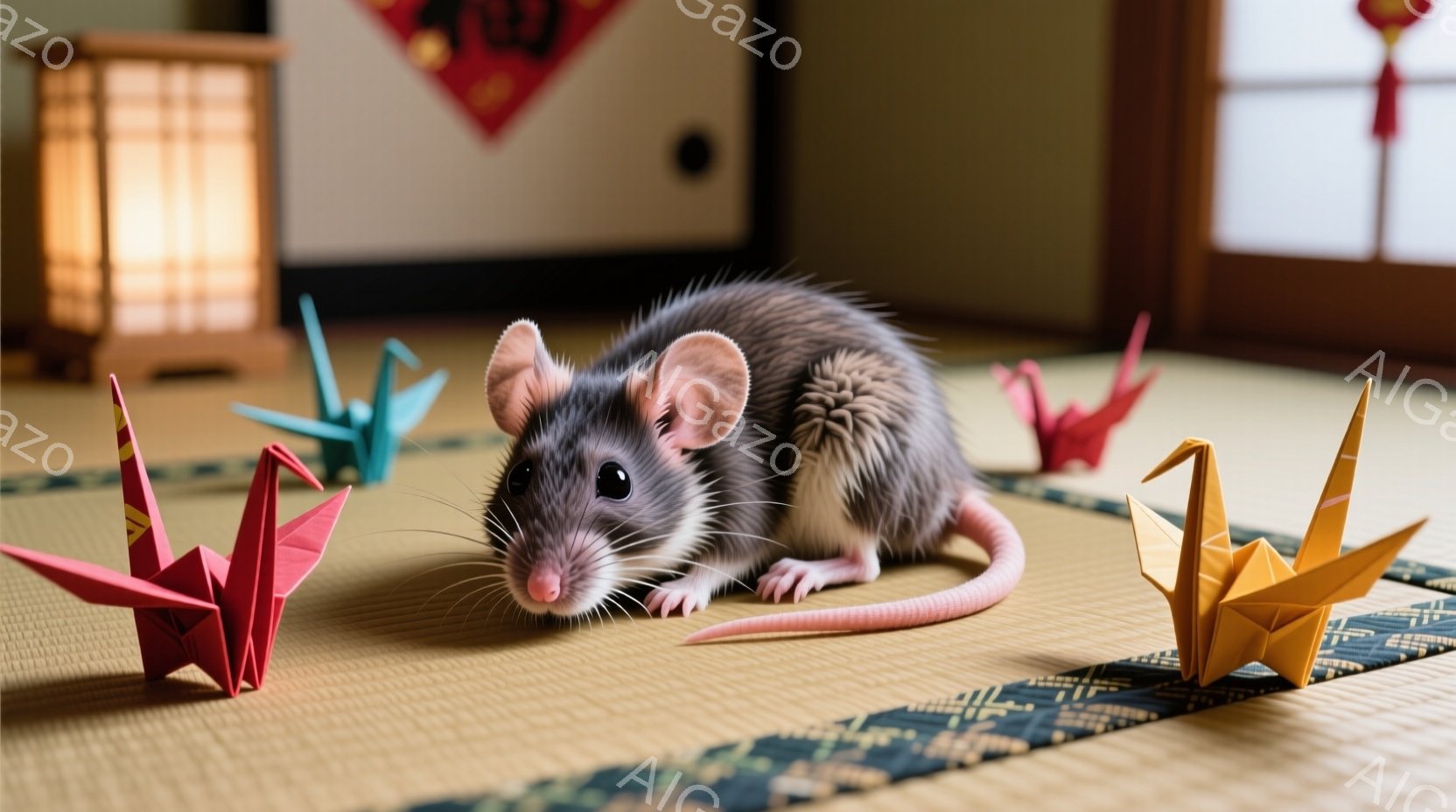 畳の上に、灰色の毛並みのネズミが、折り紙の鶴に囲まれて座っています。ネズミは前足を揃え、少し上目遣いでこちらを見ており、好奇心と警戒心が入り混じった表情をしています。背景には障子と置物が映り、落ち着いた和の雰囲気が漂っています。