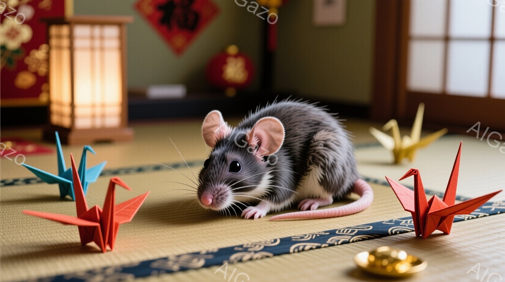 畳の上には、様々な色の折り紙の鶴が並べられています。中央には、白と灰色の毛並みのネズミが横たわり、リラックスした様子でこちらを見ています。背景には、日本の書道のような模様が描かれた掛け軸や、金色の小物が置かれ、穏やかで伝統的な雰囲気を醸し出しています。
