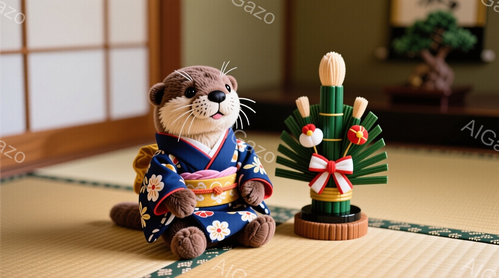 畳の上に、毛並みの良いカワウソのぬいぐるみとカラフルな積み木のおもちゃが置かれています。カワウソのぬいぐるみは正面を向き、少し微笑んでいるような表情で、リラックスした姿勢で座っています。背景はシンプル - AI生成フリー素材