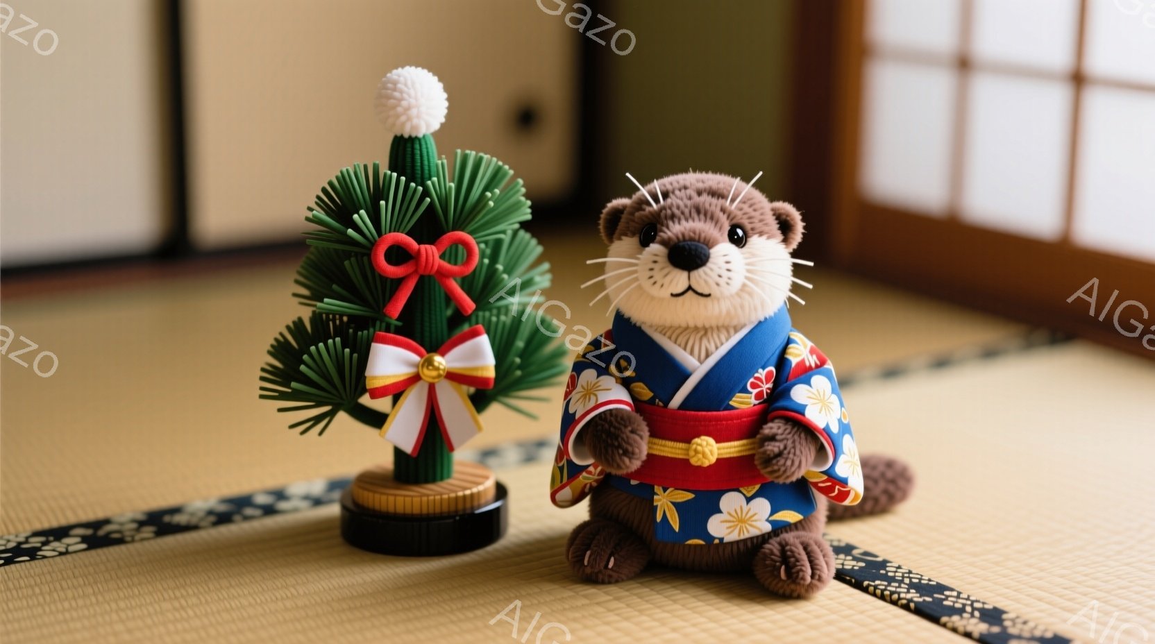 畳の上に可愛らしいカワウソのぬいぐるみが着物を着て座っています。着物は濃い青色で、白い花と赤い帯がアクセントになっています。カワウソの背後には、赤い飾り紐が付いた緑色の松の形をした置物が置かれており、 - AI生成フリー素材