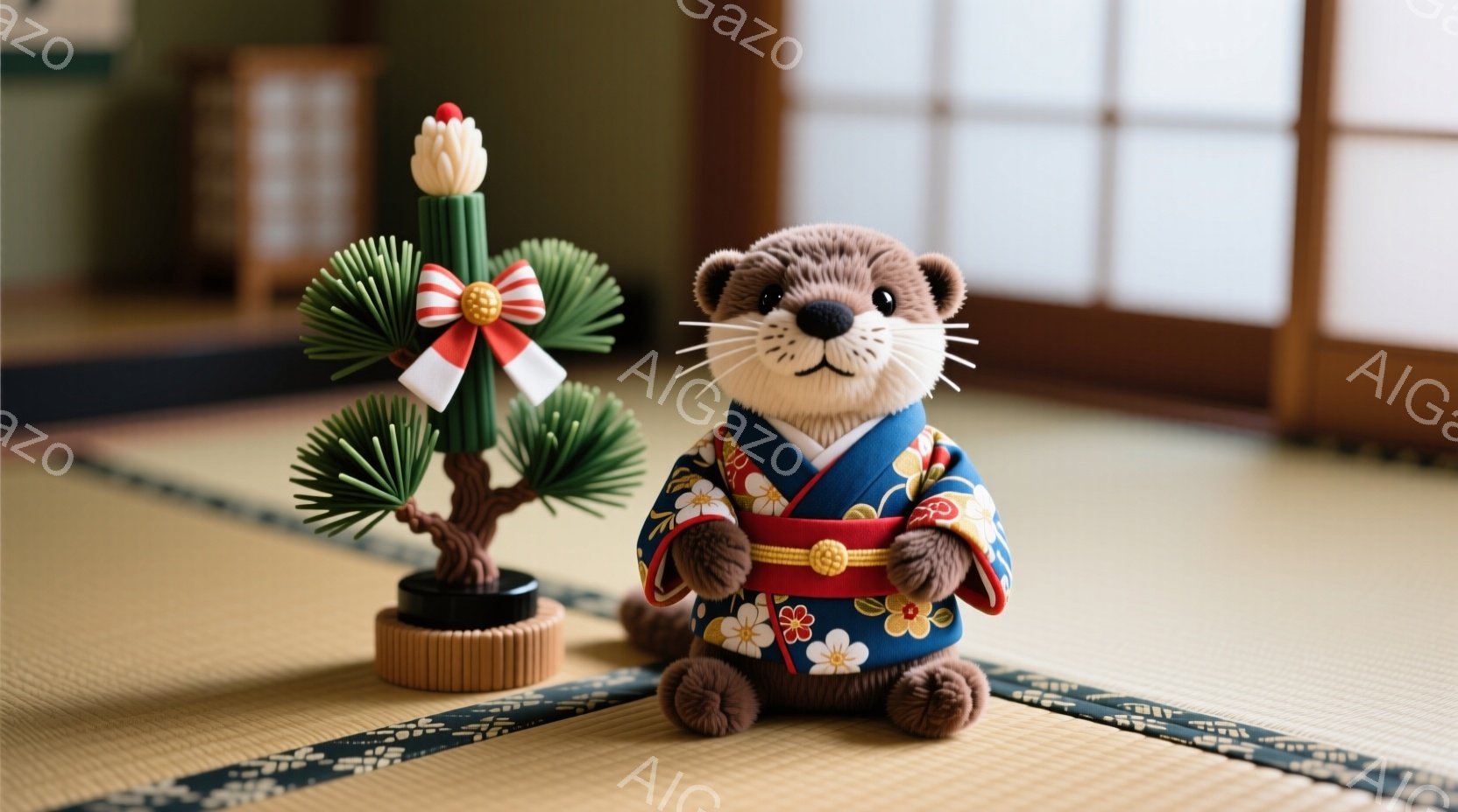 畳の上に、カラフルな積み木のおもちゃと、かわいらしいカワウソのぬいぐるみがあります。ぬいぐるみは少し前かがみになり、積み木を見つめているようなポーズをしています。背景はシンプルで、畳の落ち着いた色合いが、ぬいぐるみと積み木の明るい色彩を引き立てています。