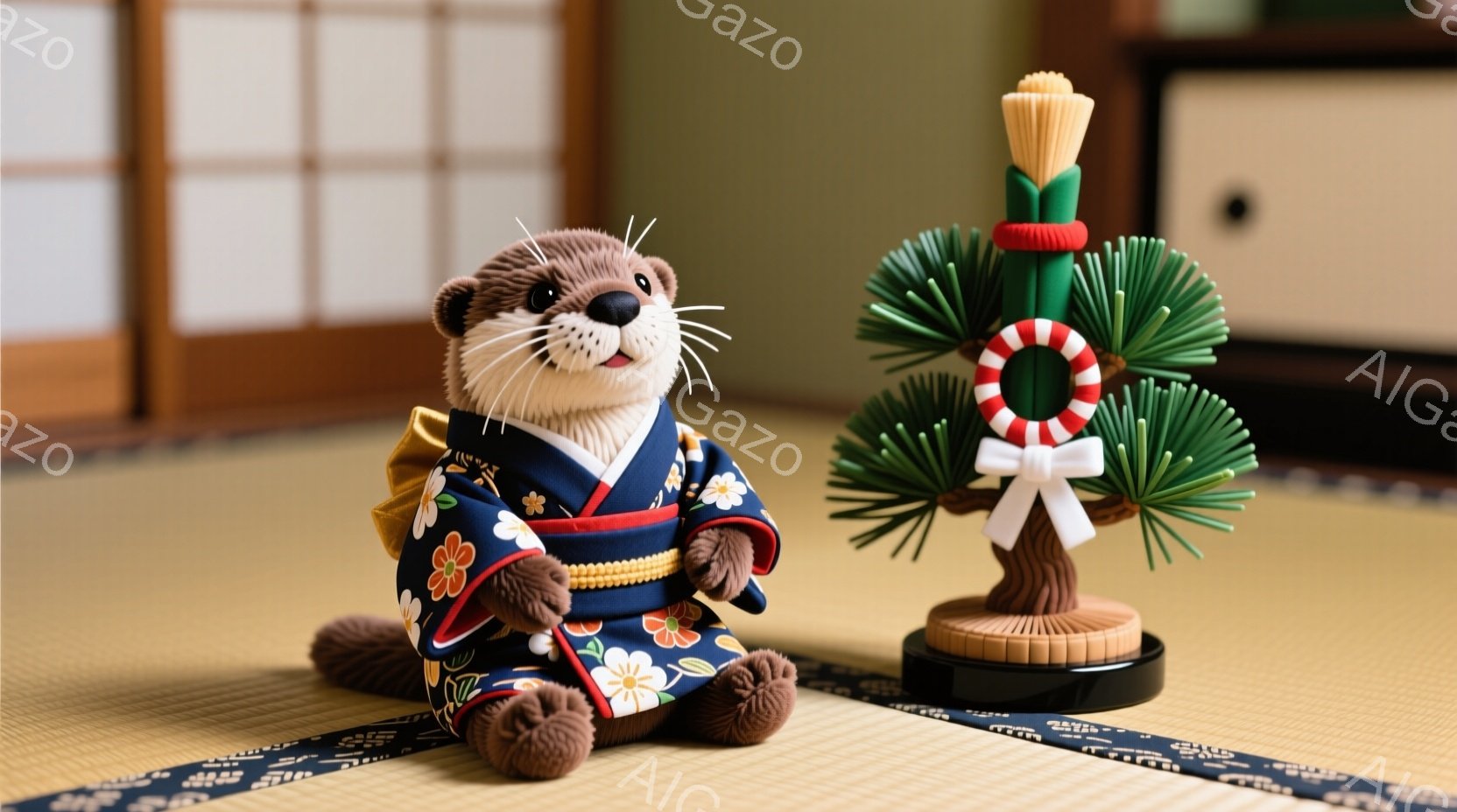 紺色の花柄の着物を着たカワウソのぬいぐるみは、畳の上に座ってこちらを見ています。明るい黄色の帯が締まっており、かわいらしい表情をしています。背景には障子と木製の家具が見え、落ち着いた日本の雰囲気が漂っ - AI生成フリー素材